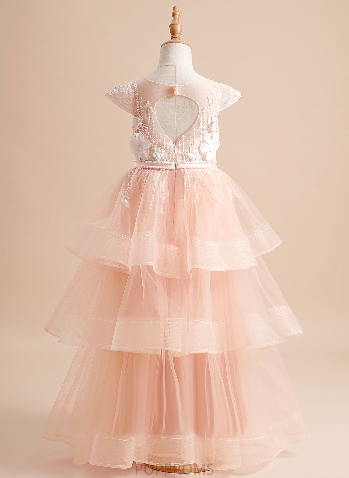 Flower Beading/Flower(s)/Bow(s) Neck Girl Dress Floor-length With Dakota Tulle - Ball-Gown/Princess Short Scoop Flower Girl Dresses Sleeves