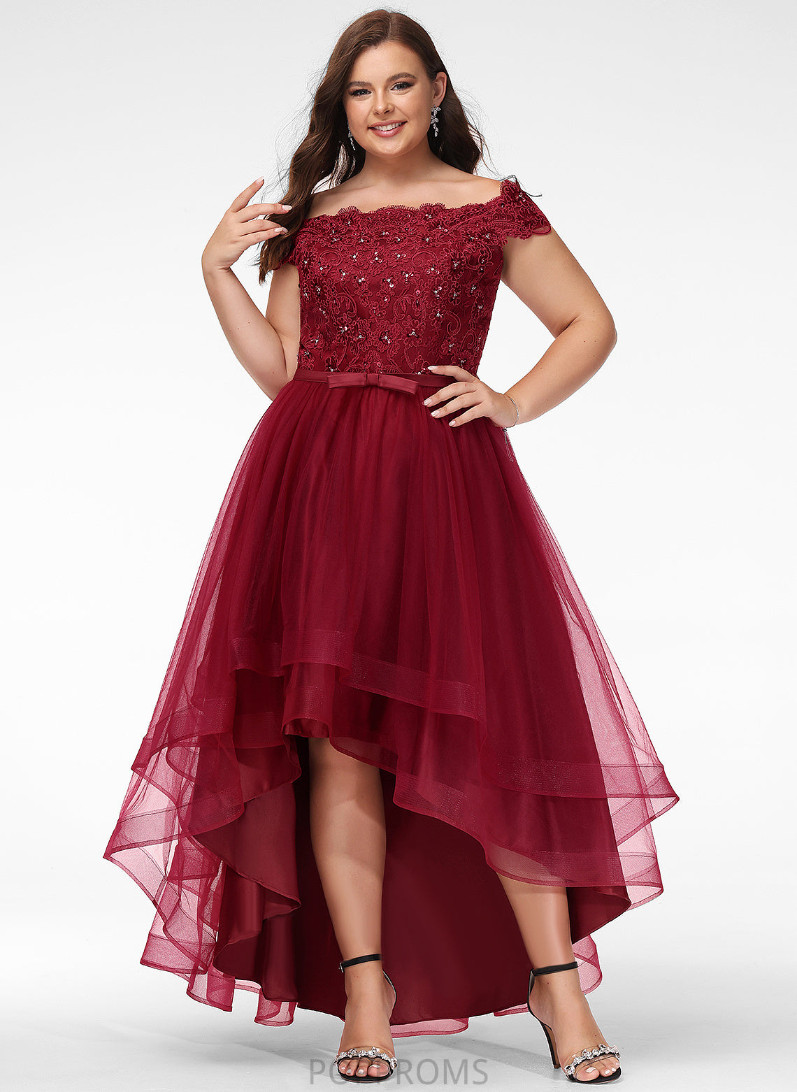 With Off-the-Shoulder A-Line Sequins Lace Tulle Asymmetrical Diya Beading Bow(s) Prom Dresses