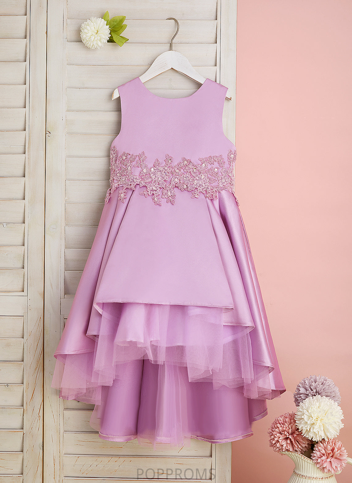 Scoop Aubree Asymmetrical Lace/Beading/Bow(s) Flower Girl Dresses A-Line Satin/Tulle With Sleeveless Flower Neck - Dress Girl