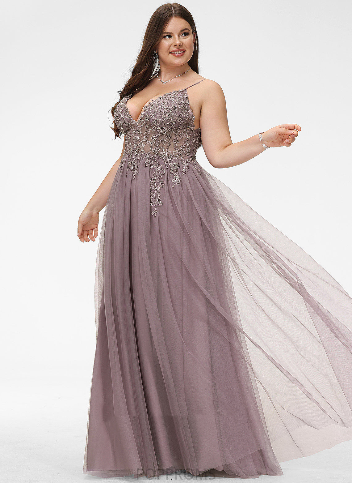 Beading Tulle Sequins Whitney V-neck Prom Dresses Floor-Length A-Line Lace With