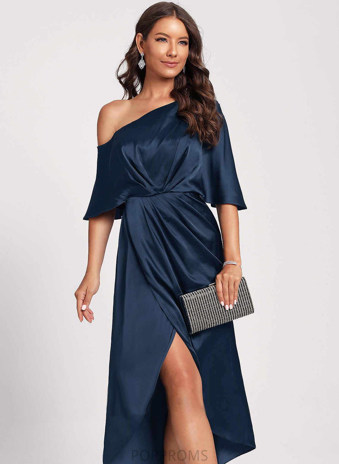 Dress Satin One-Shoulder Cocktail Sheath/Column Club Dresses Stretch Essence Tea-Length