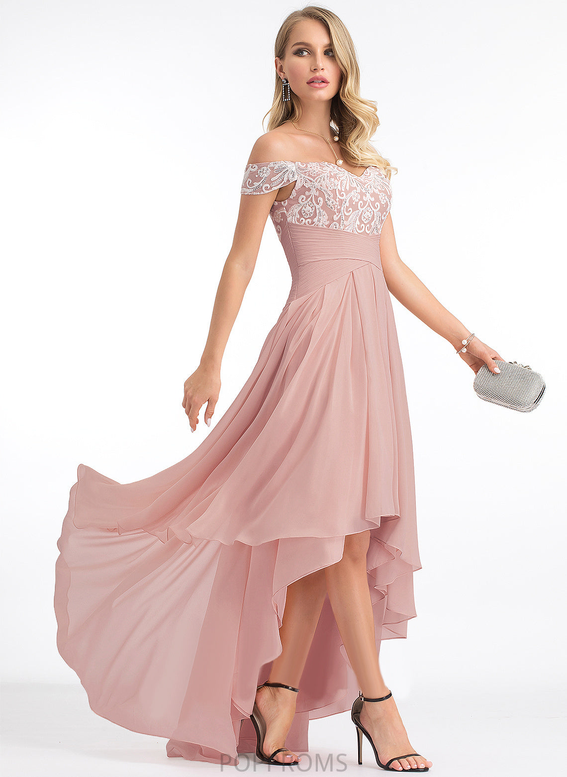 Hilary A-Line Off-the-Shoulder Asymmetrical Chiffon With Lace Prom Dresses Pleated