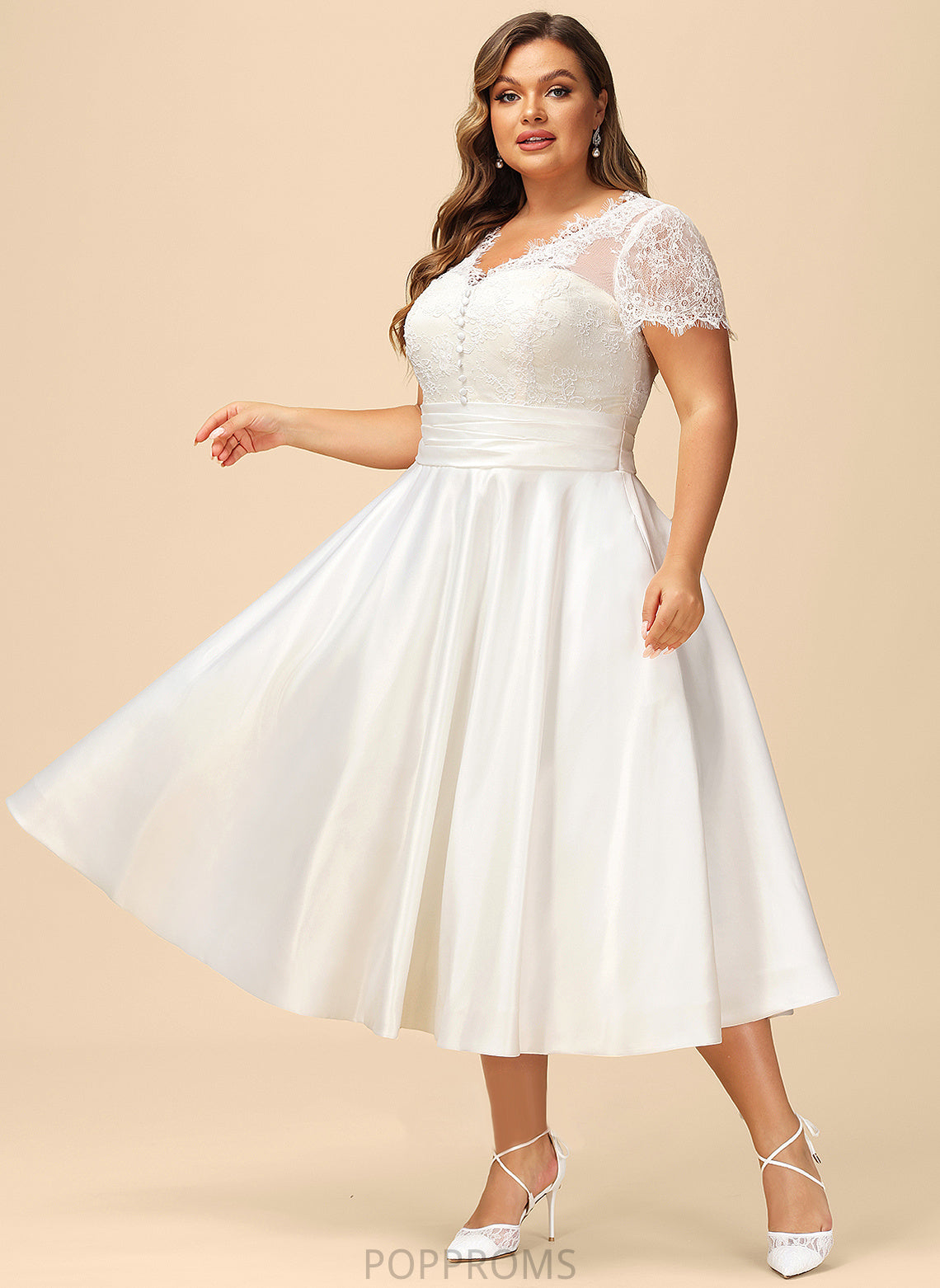 Tea-Length Maci Dress V-neck Ruffle Wedding With Wedding Dresses A-Line Lace Satin