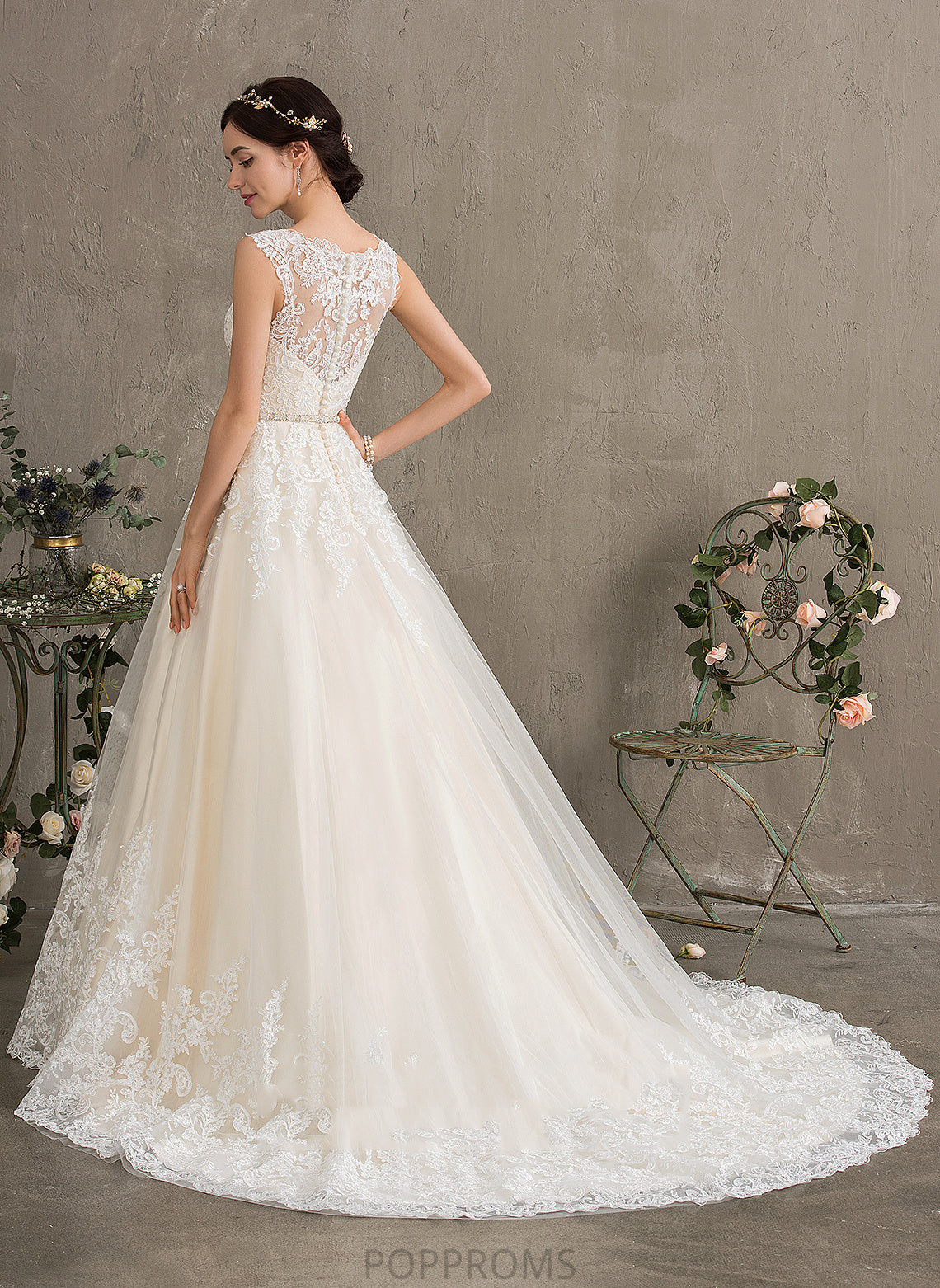 Ball-Gown/Princess Wedding Dress Arielle Train Lace Tulle Wedding Dresses Beading Sweetheart With Sequins Court