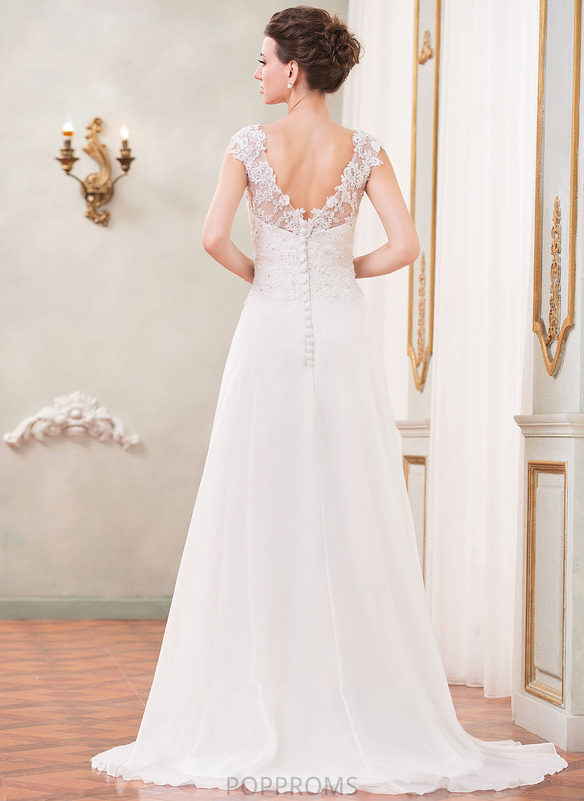 Beading Sequins Lace Wedding Dresses With Sweep Wedding Chiffon Train A-Line Dress V-neck Giovanna