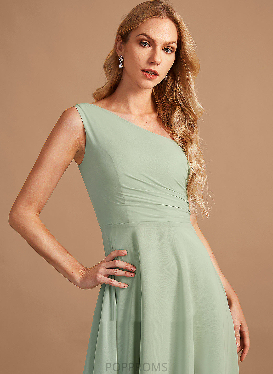 Ruffle A-Line One-Shoulder Fabric Length Neckline Asymmetrical Silhouette Embellishment Elliana Sleeveless Natural Waist Bridesmaid Dresses