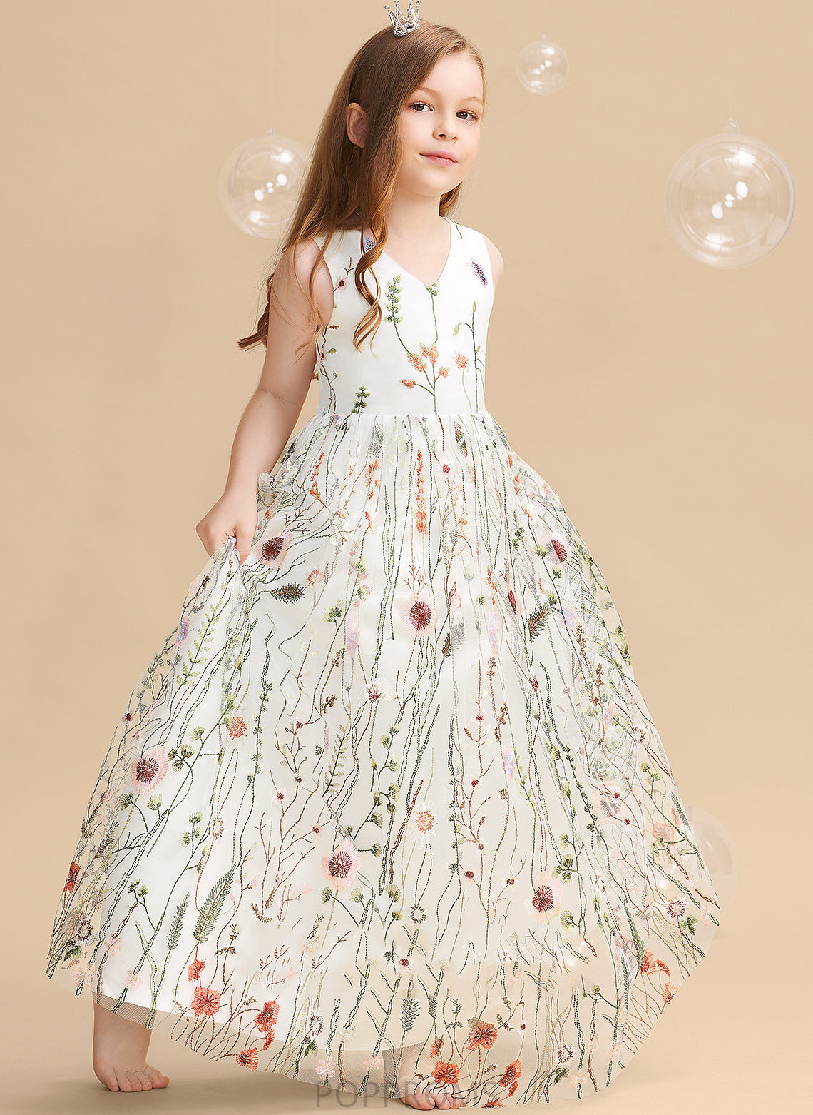 Floor-length With V-neck Flower(s)/Bow(s) - Dress Talia Sleeveless A-Line Flower Flower Girl Dresses Girl Jacquard