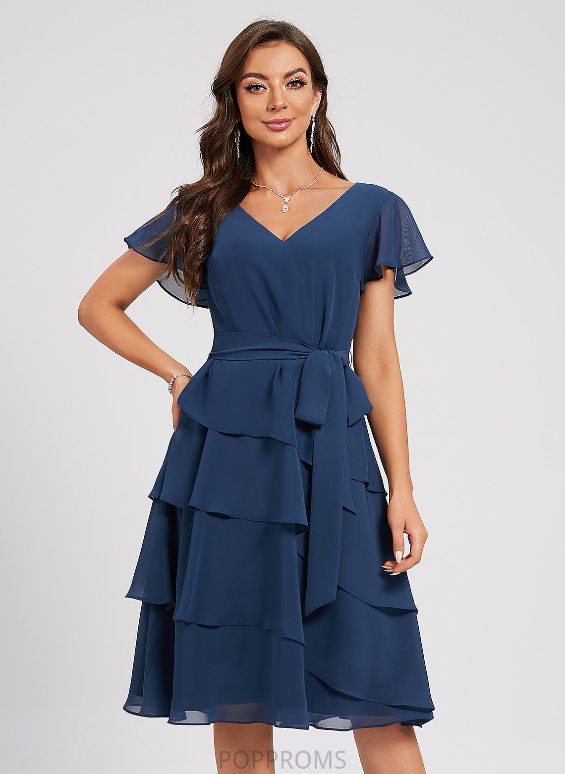 Cocktail Dresses Sash Renata A-Line Chiffon V-neck Knee-Length Dress With Ruffle Cocktail