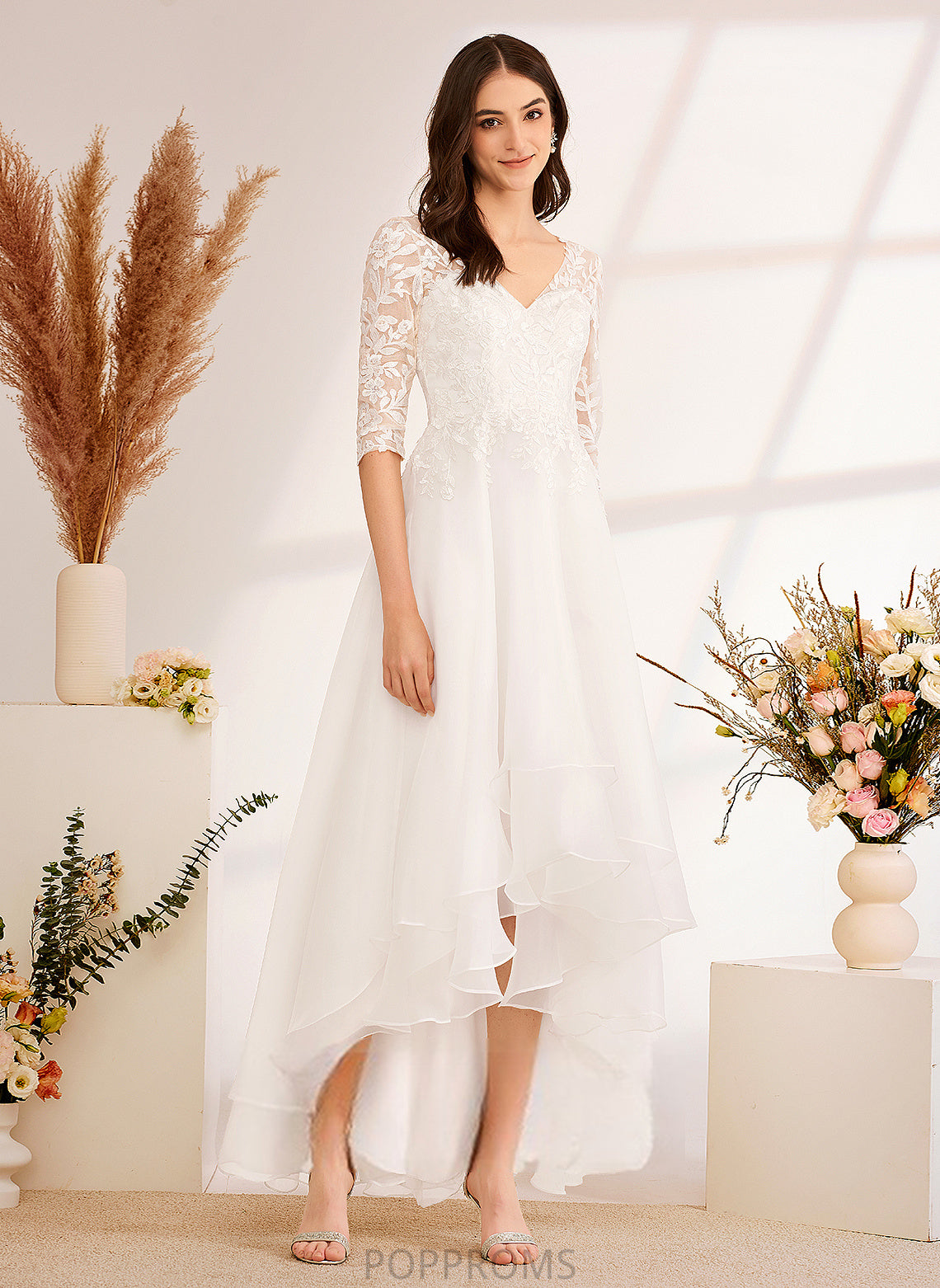 A-Line Asymmetrical Dress Tulle Skyla Wedding Dresses Lace V-neck Sequins Beading Wedding With