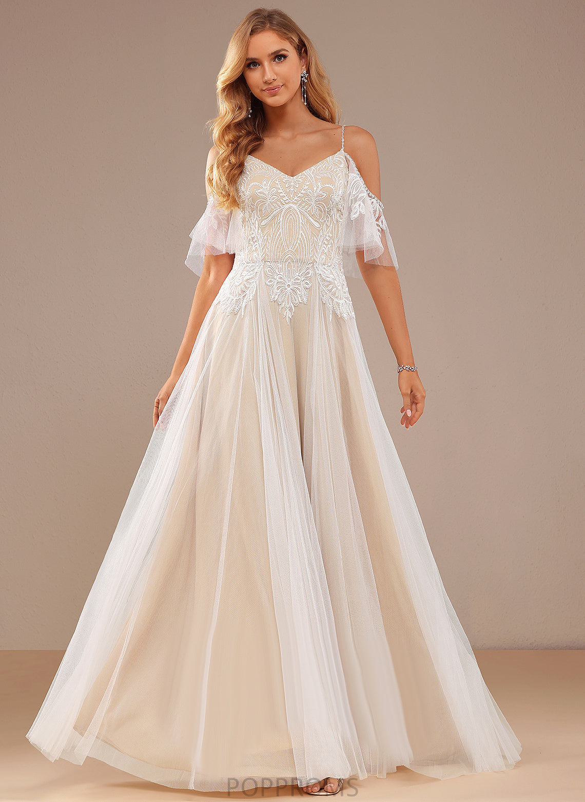 Alaina Tulle Beading Lace Wedding A-Line Lace Dress Ruffle With Floor-Length V-neck Wedding Dresses Sequins