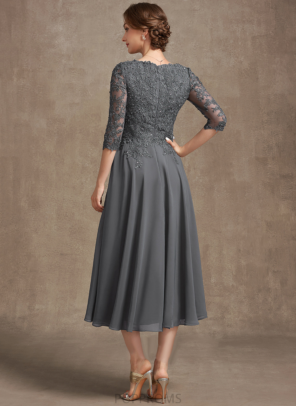 Bride Mother Sequins Chiffon Lace Dress A-Line the Tea-Length With V-neck Beading Mother of the Bride Dresses Wendy of