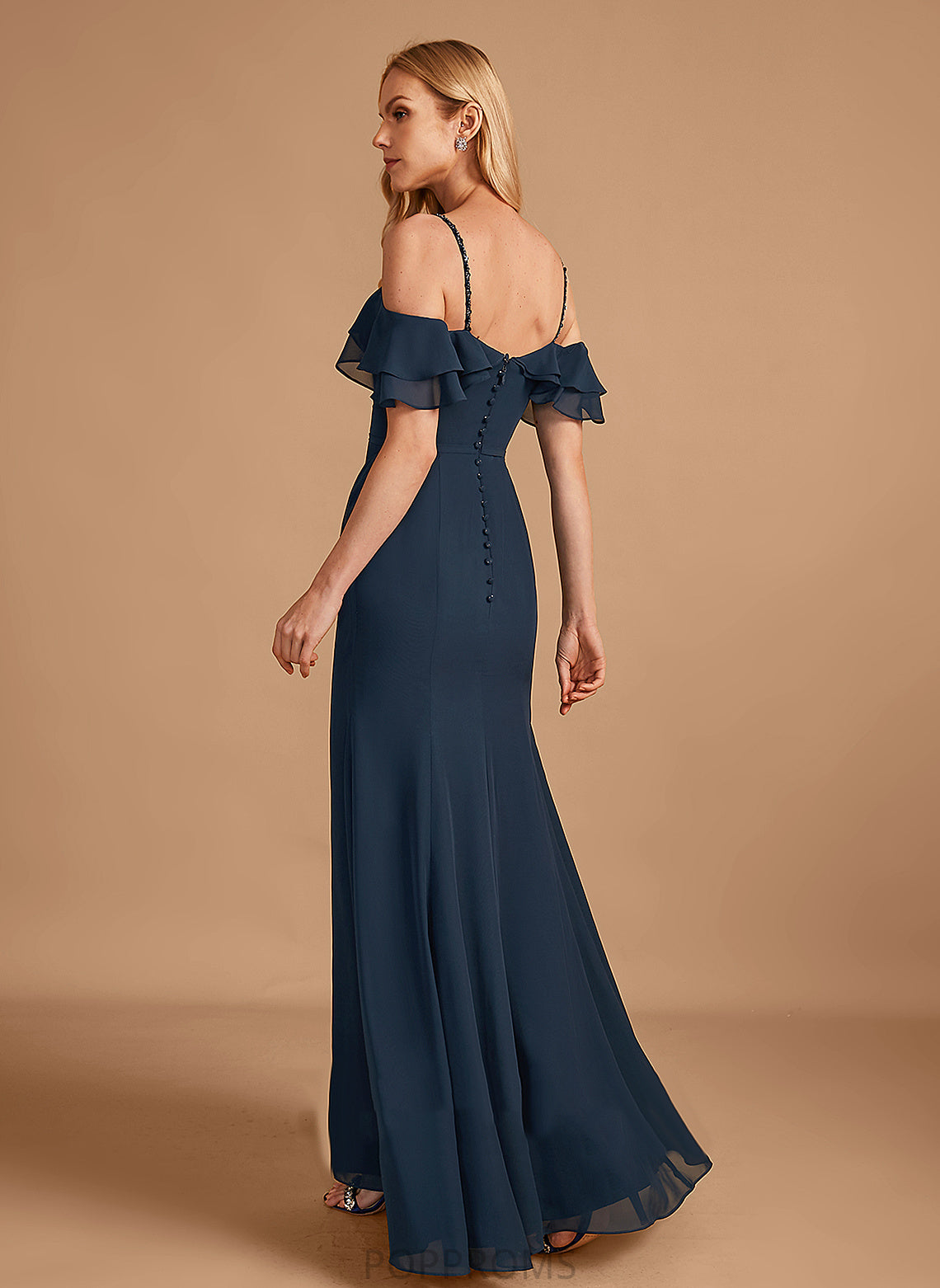 Length Embellishment Ruffle Sheath/Column Fabric Floor-Length Neckline Silhouette Off-the-Shoulder Beading Nathalia Spaghetti Staps Bridesmaid Dresses