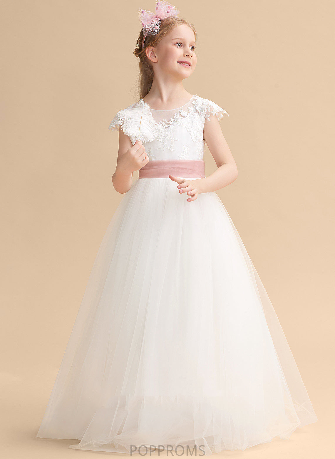 With Sleeveless Dress Willow Scoop Ball-Gown/Princess Flower Neck Lace/Sash Floor-length Girl Lace - Flower Girl Dresses