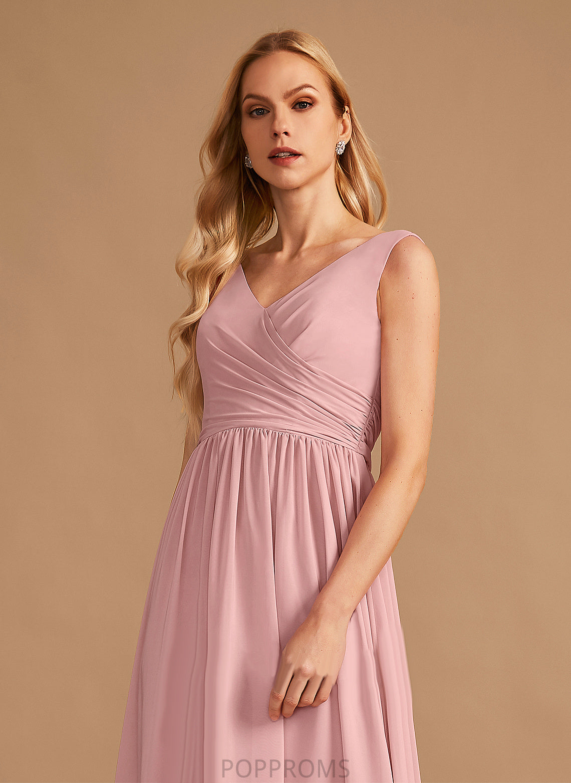 A-Line Length V-neck Silhouette Embellishment Fabric Neckline Ruffle Floor-Length Bow(s) Pat Sleeveless Bridesmaid Dresses