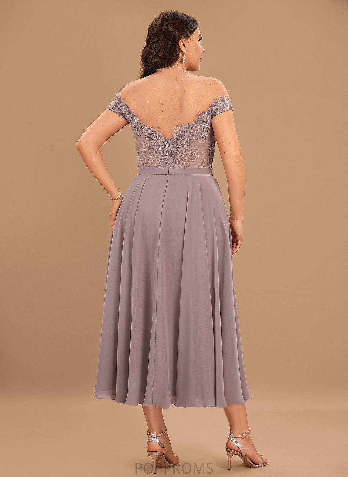 Length Silhouette Tea-Length Beading A-Line Embellishment Neckline Off-the-Shoulder Fabric Yasmin Spaghetti Staps Sleeveless Bridesmaid Dresses