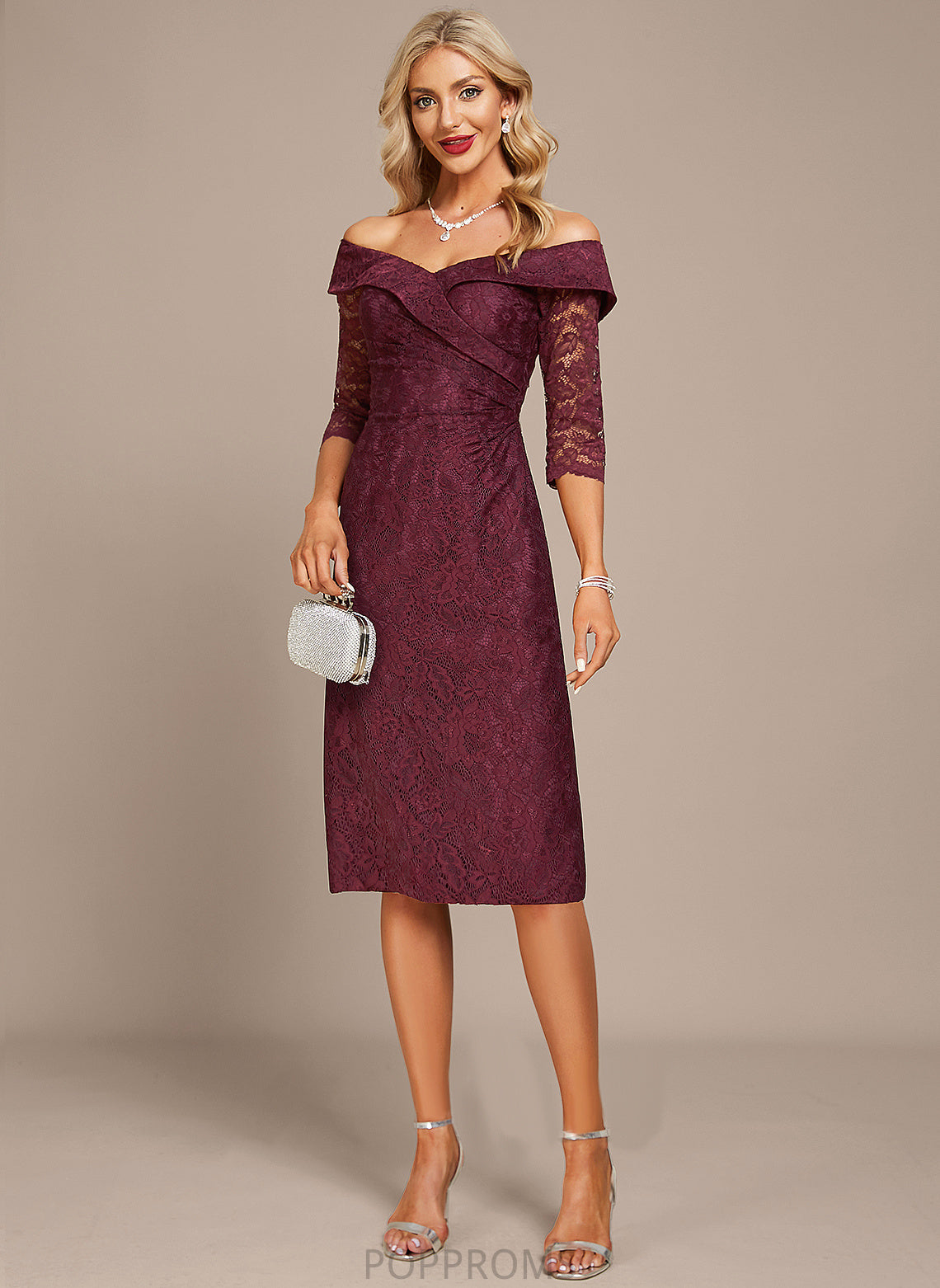 Knee-Length Lace Sheath/Column Off-the-Shoulder Stephanie Cocktail Cocktail Dresses Dress