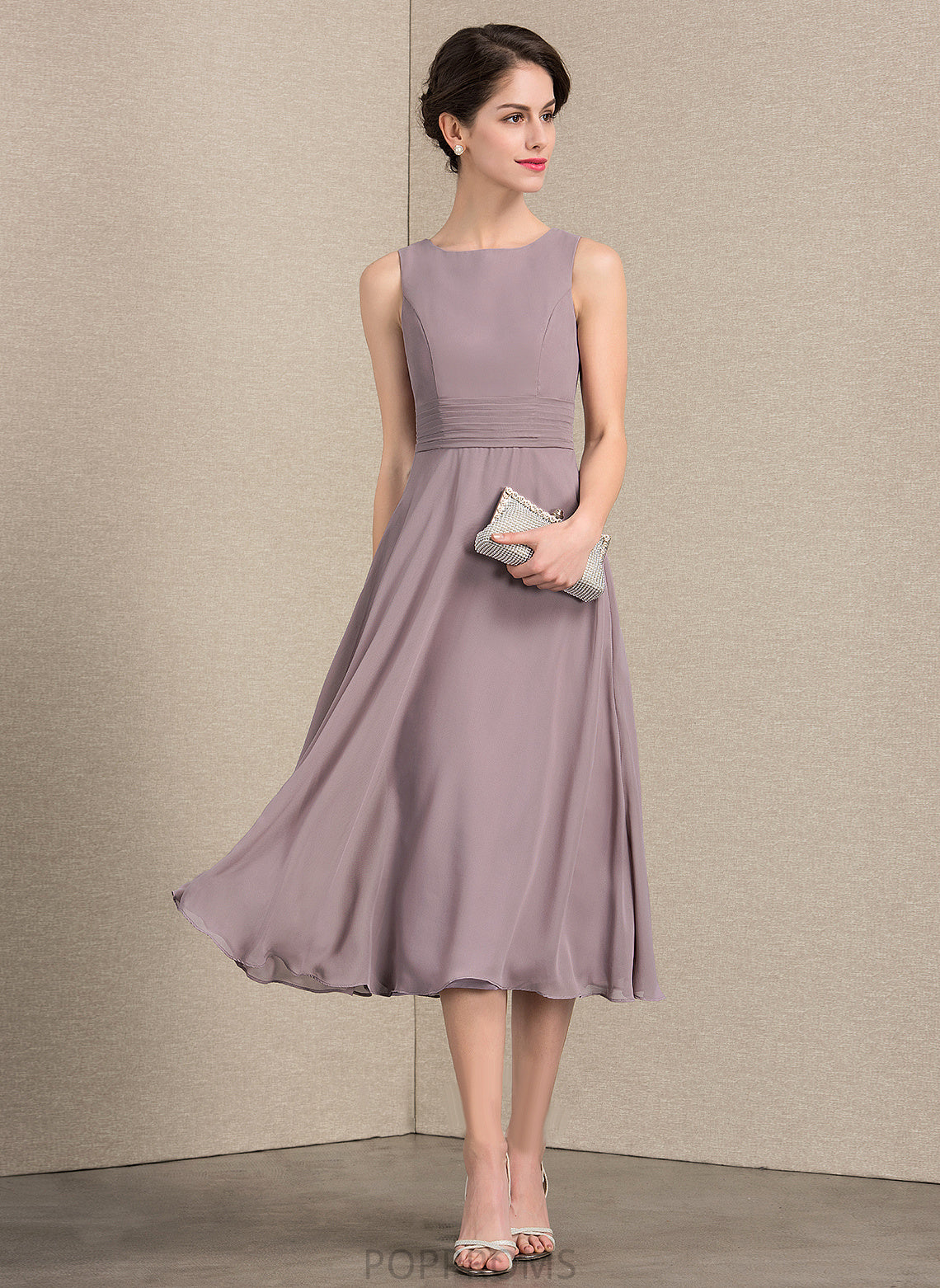 With Bride Dress of Mildred the Mother A-Line Tea-Length Chiffon Neck Scoop Ruffle Mother of the Bride Dresses