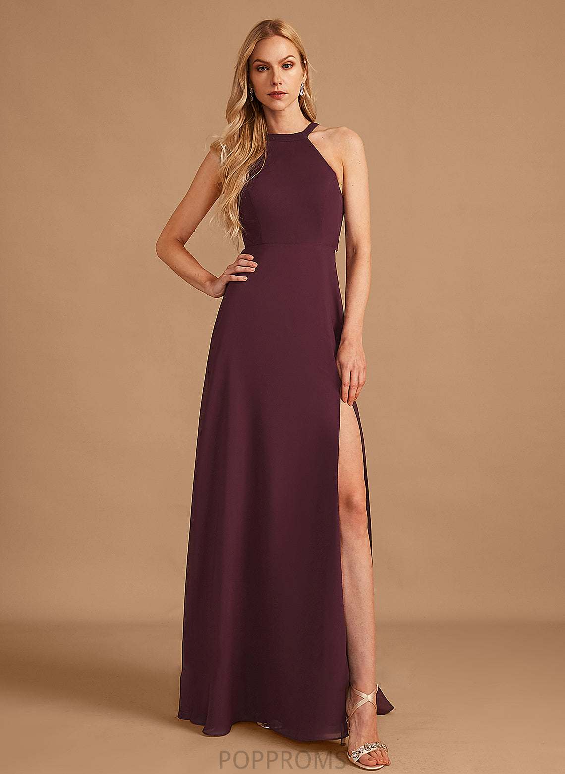 Fabric Floor-Length Silhouette A-Line Length HighNeck Embellishment SplitFront Neckline Evangeline Spaghetti Staps Natural Waist Bridesmaid Dresses