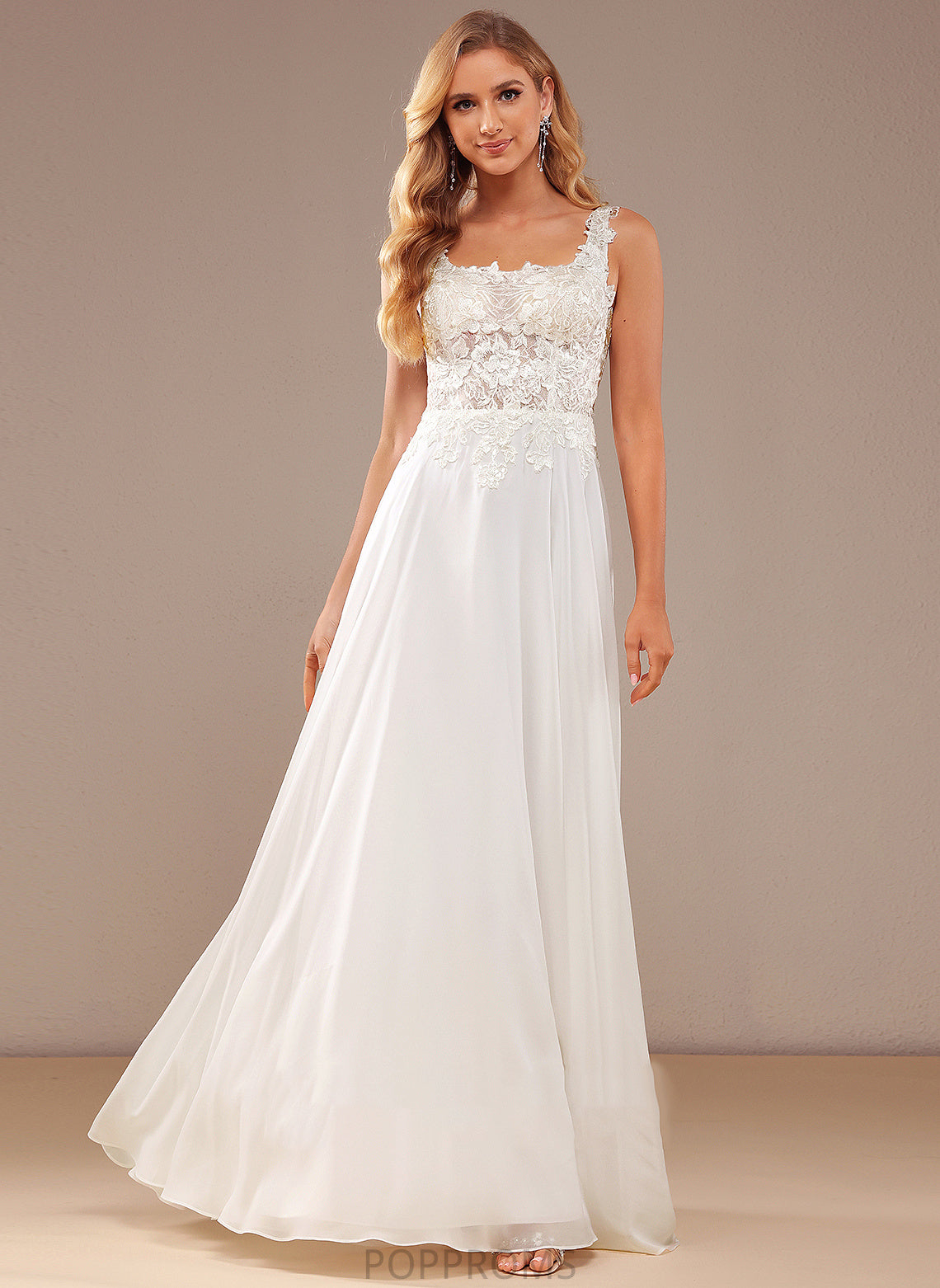 Sequins Chiffon Lace Neckline Floor-Length Wedding Dresses Lace Wedding Square Dress With A-Line Alondra