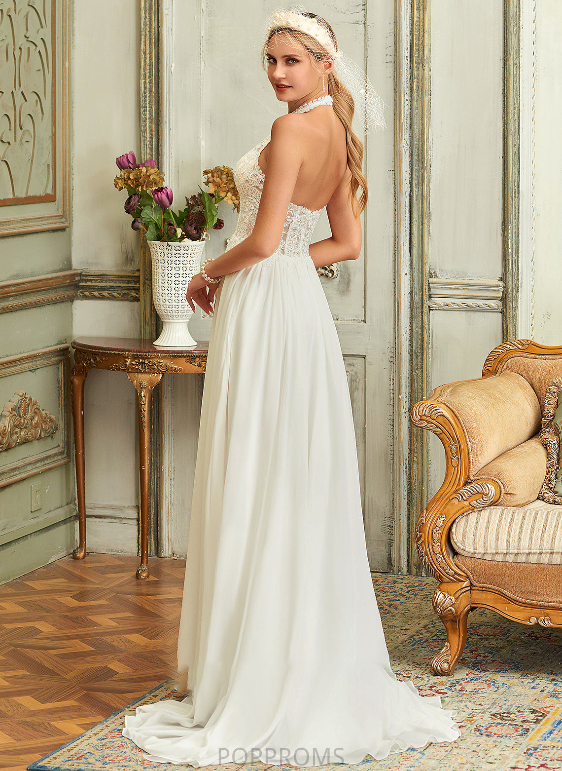 Wedding Dress Halter Sweep Train Chiffon A-Line Jasmin Lace Wedding Dresses