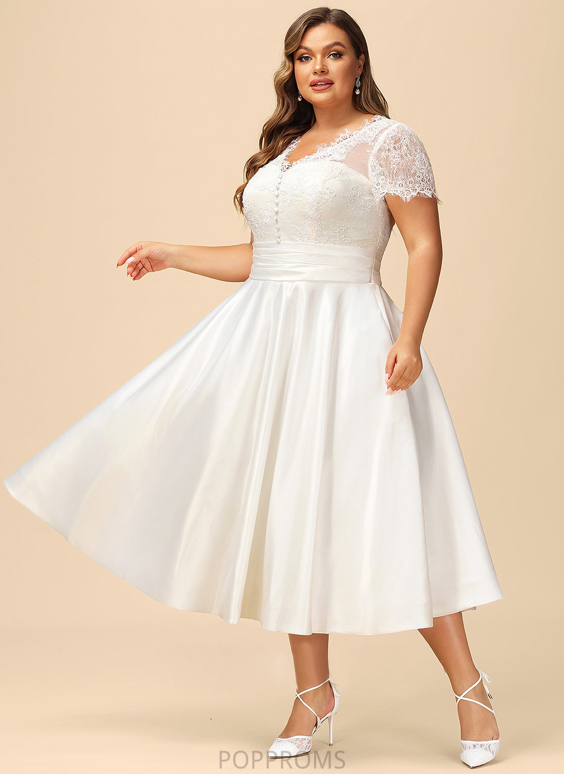 Wedding Londyn Pockets V-neck Wedding Dresses Satin Dress With Ruffle Lace Tea-Length A-Line