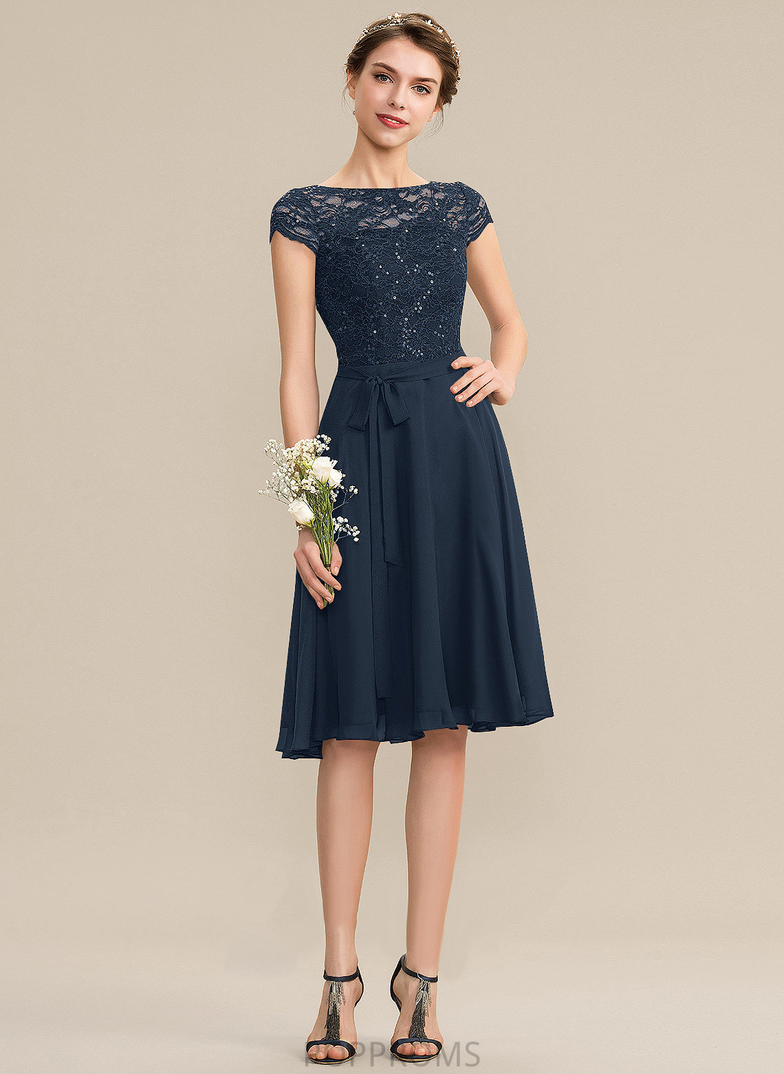 Scoop Lace Dress Homecoming Bow(s) With Chiffon Neck A-Line Homecoming Dresses Serenity Knee-Length