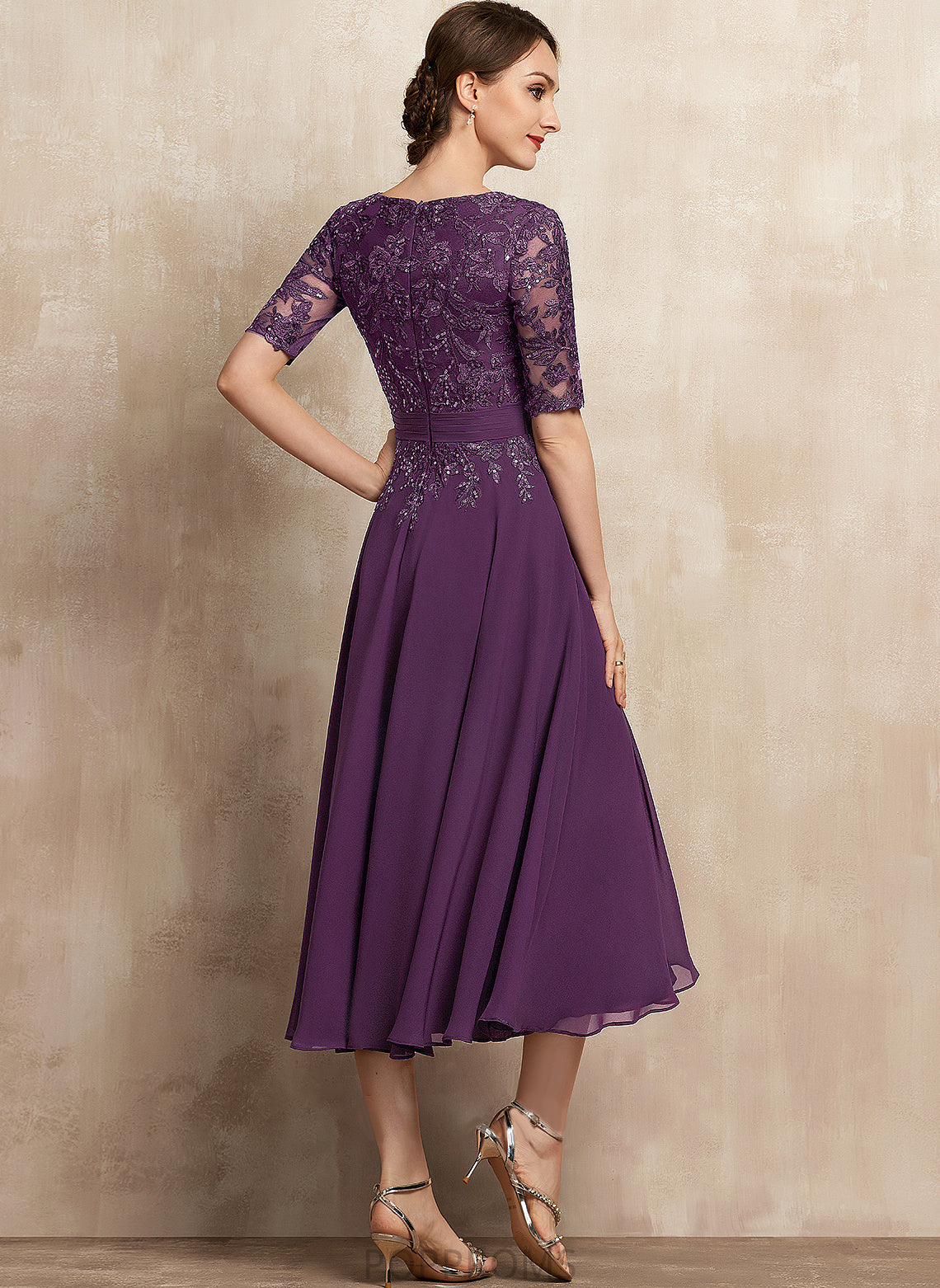 Tea-Length With Bride Mother of the Bride Dresses Chiffon Sequins of Mother A-Line V-neck Lace the Mallory Dress