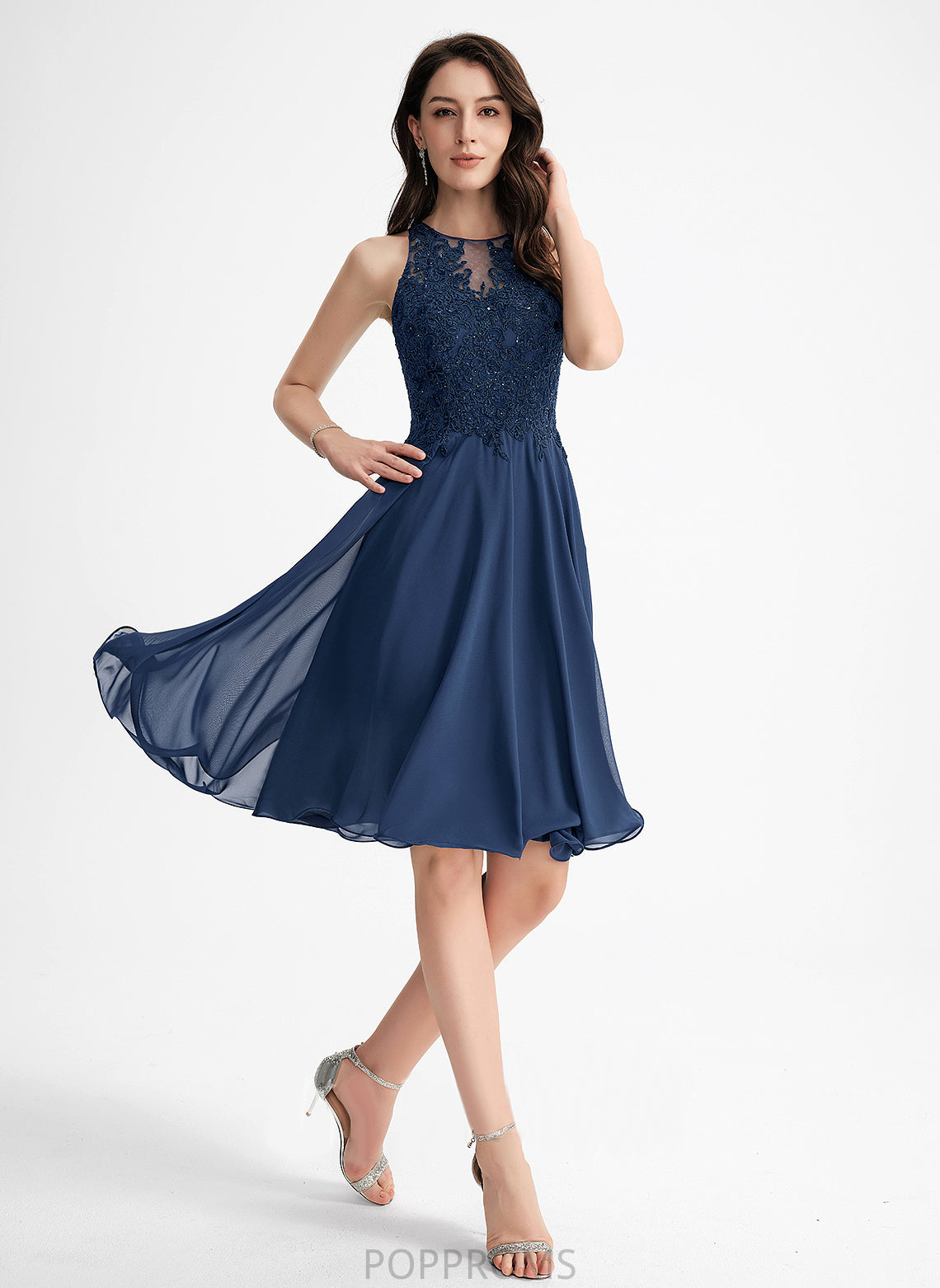 Homecoming Dresses Knee-Length Beading Lana With Lace Neck Dress A-Line Homecoming Chiffon Scoop