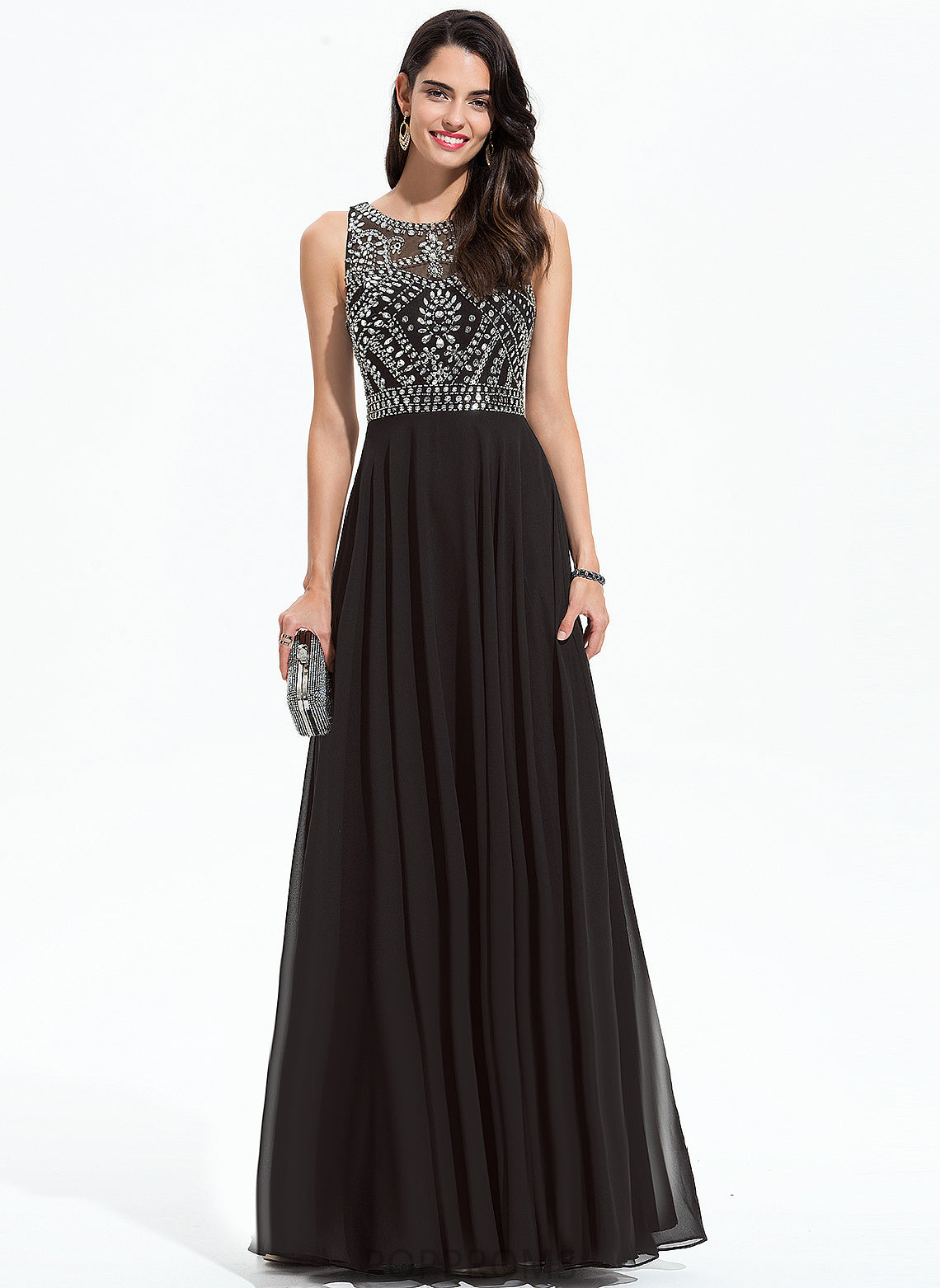 With A-Line Floor-Length Melany Chiffon Sequins Scoop Prom Dresses Beading