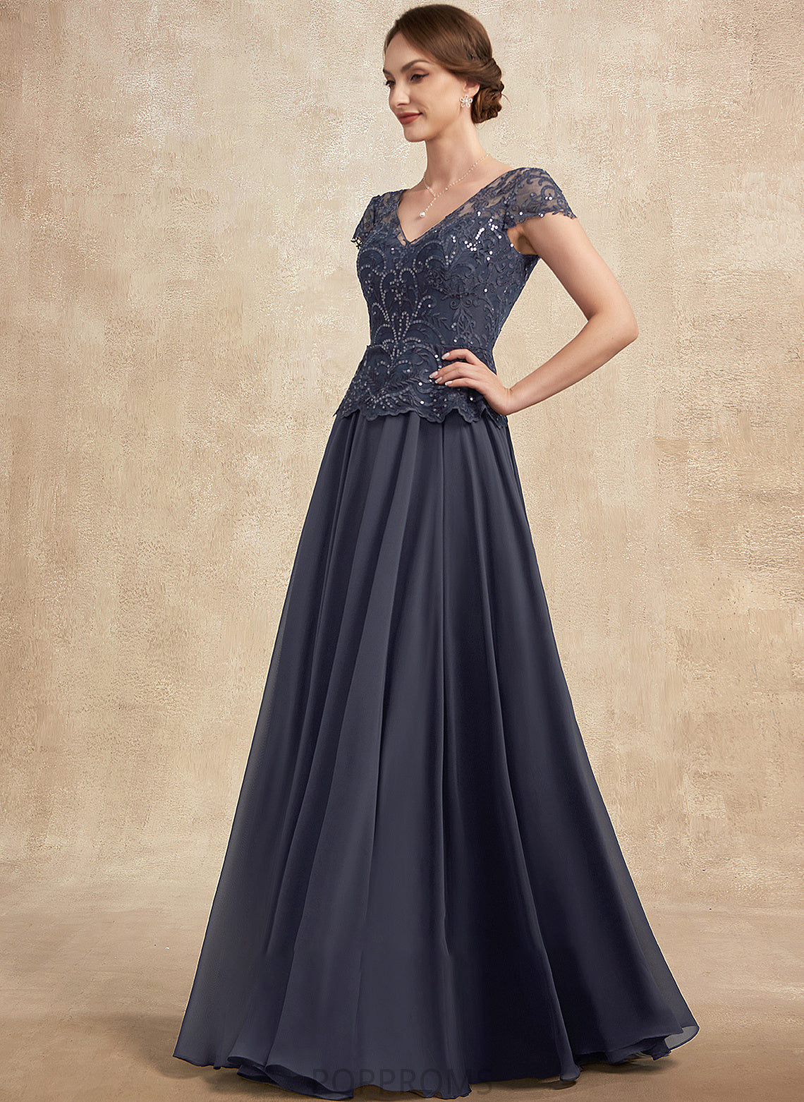 Elaina Dress the Bride Chiffon V-neck Sequins A-Line Mother Mother of the Bride Dresses Lace of With Floor-Length