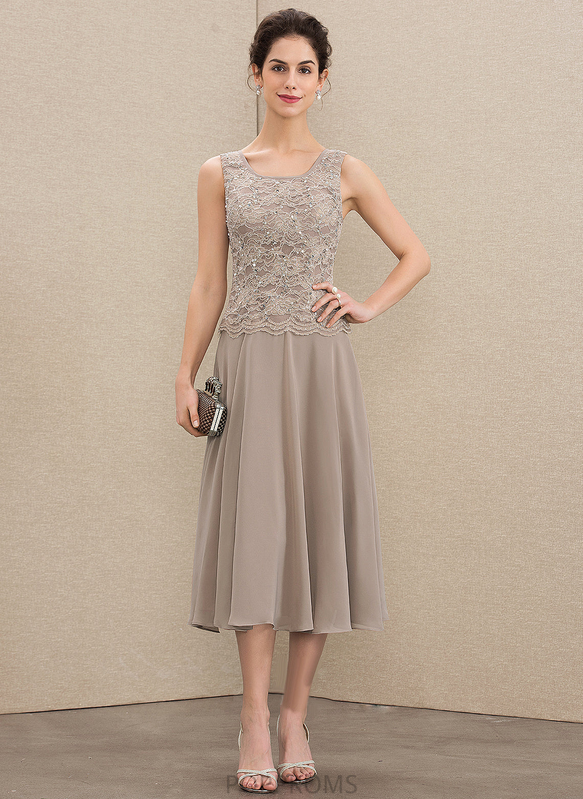 Dress the With of Neck Tea-Length A-Line Scoop Chiffon Sequins Mother Adrienne Mother of the Bride Dresses Bride Lace