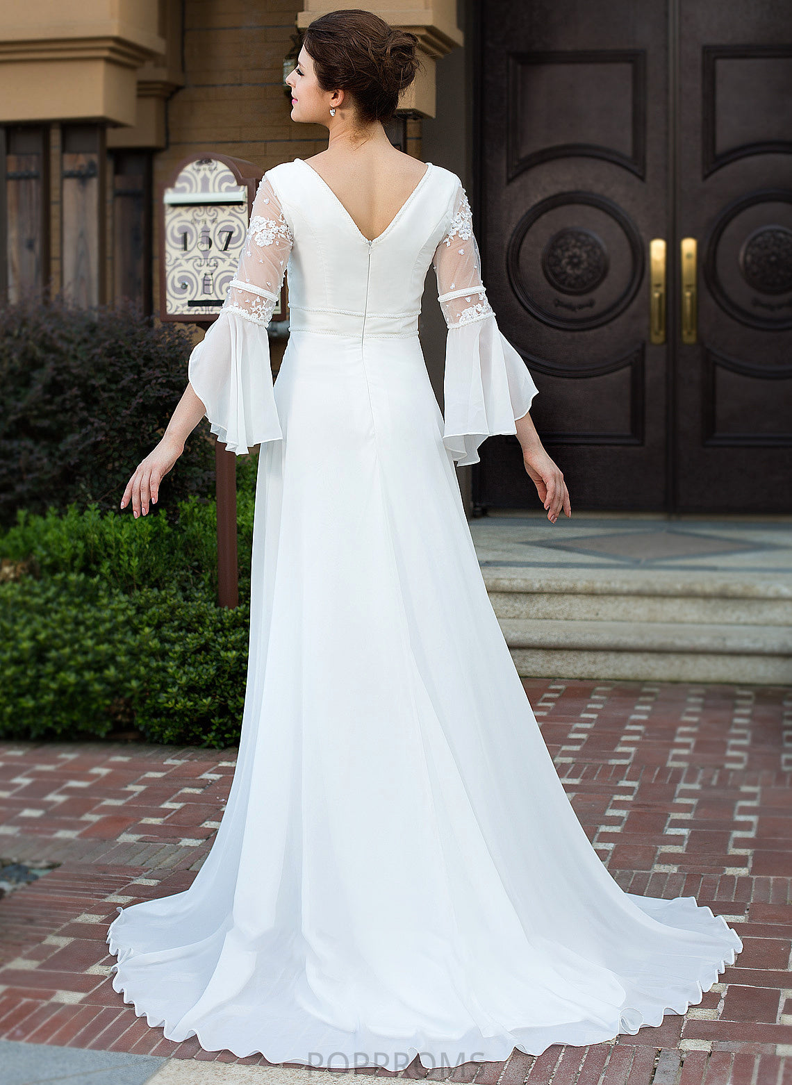 Dress Wedding Train A-Line Lace Kaleigh Chiffon Beading V-neck Court With Wedding Dresses