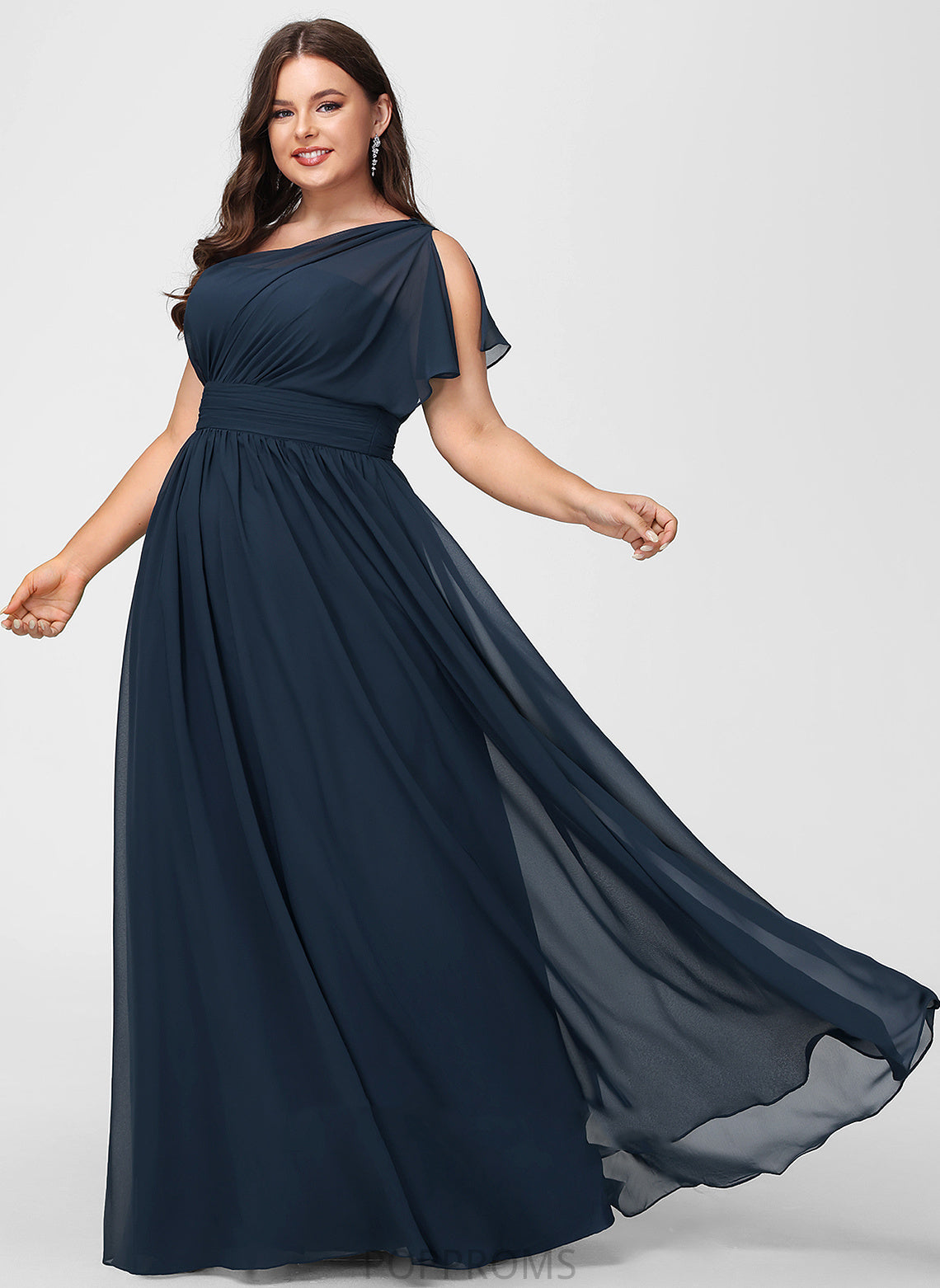 One-Shoulder Floor-Length A-Line Silhouette Neckline Ruffle Fabric Embellishment Length Pearl Sleeveless Straps Bridesmaid Dresses