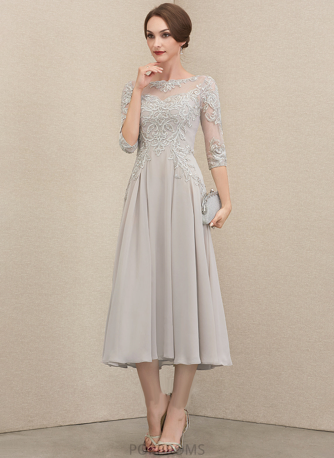 Neck Yadira Beading Chiffon Scoop of With Lace Tea-Length A-Line Bride Sequins the Mother of the Bride Dresses Mother Dress