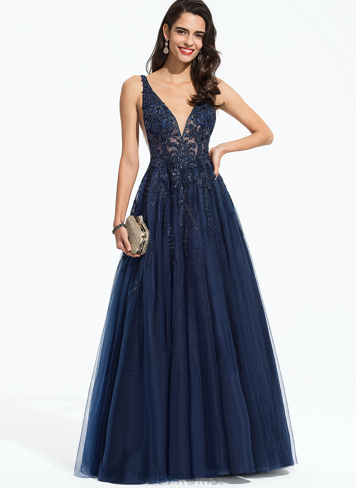 Sequins A-Line Lace Prom Dresses Floor-Length Beading Tulle With Ana V-neck