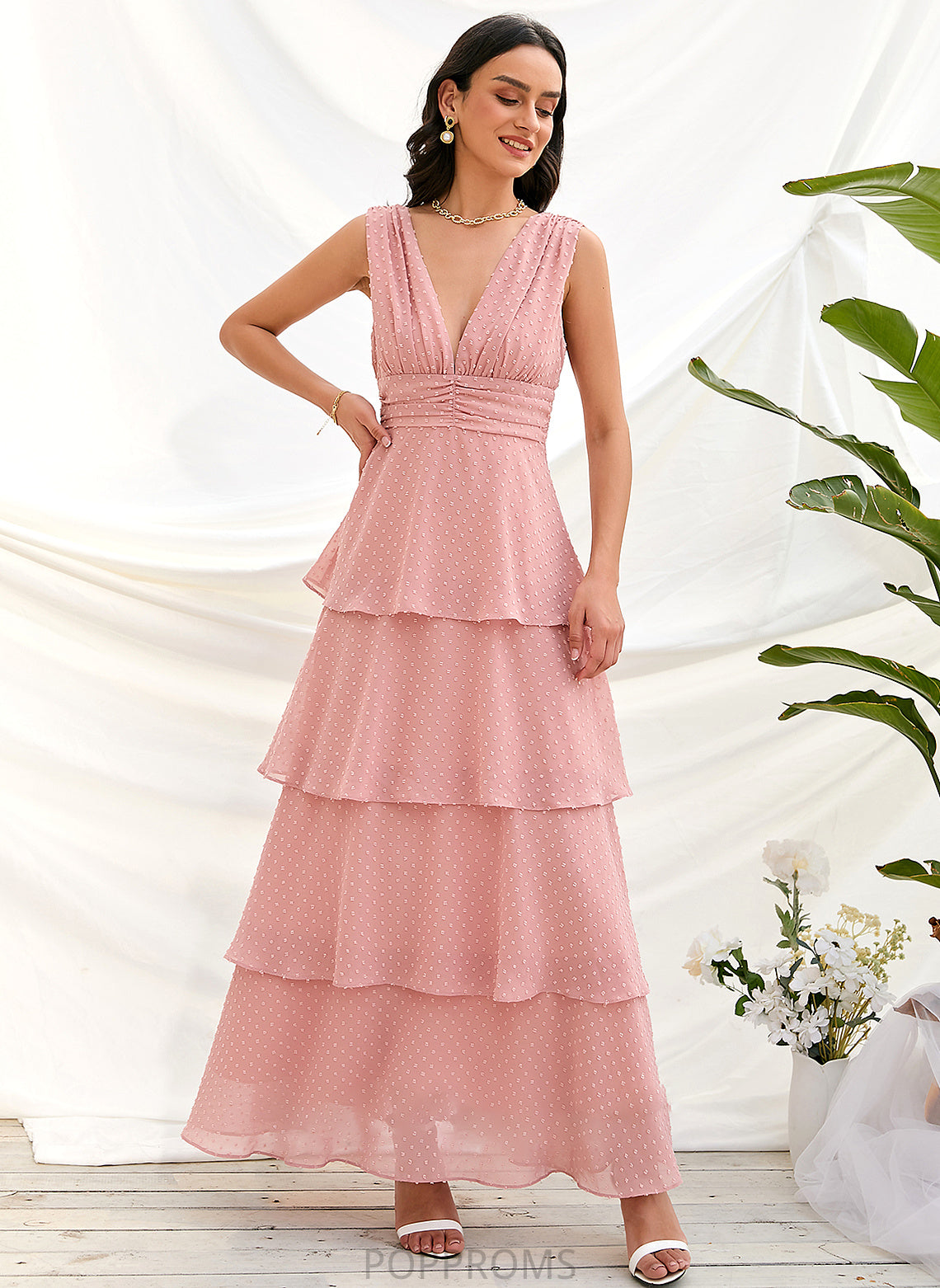 V-neck Straps A-Line Fabric Silhouette Length Neckline Ankle-Length Julia Sleeveless Natural Waist Floor Length Bridesmaid Dresses