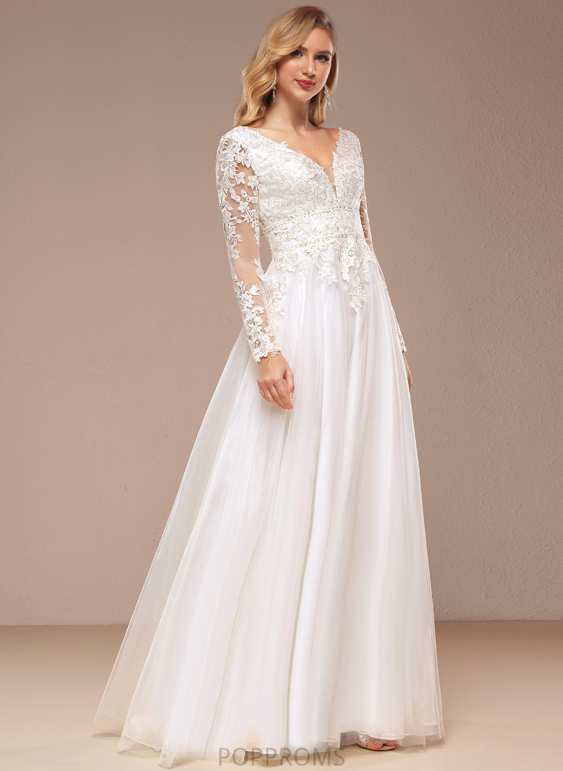 Lace A-Line Wedding Floor-Length Dress With Wedding Dresses Sequins Beading Tulle V-neck Charlee