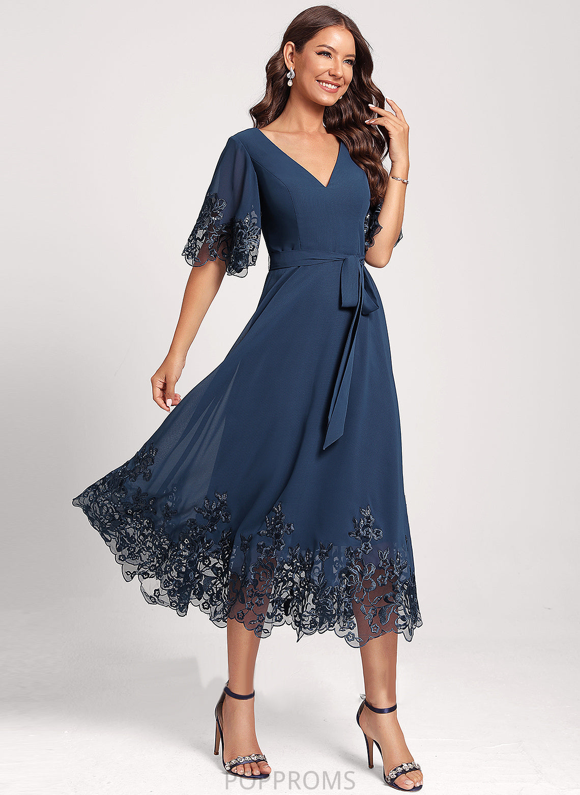 Cocktail Tea-Length Lace With Dress Sequins Club Dresses Chiffon Diya A-Line V-neck