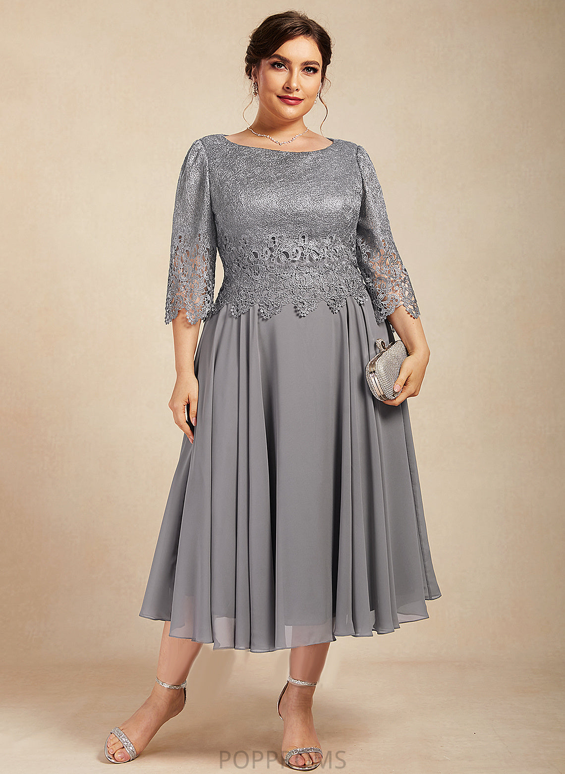 Lace Scoop A-Line the Bride Mother of the Bride Dresses Mother Tea-Length Dress of Lilly Chiffon Neck