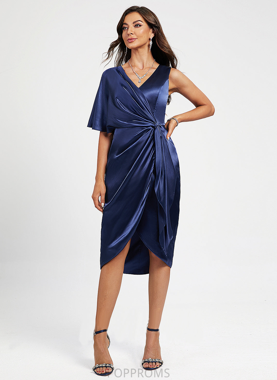 Pleated Split Dress Cocktail Cocktail Dresses Charmeuse V-neck Asymmetrical Sheath/Column With Lilly Front