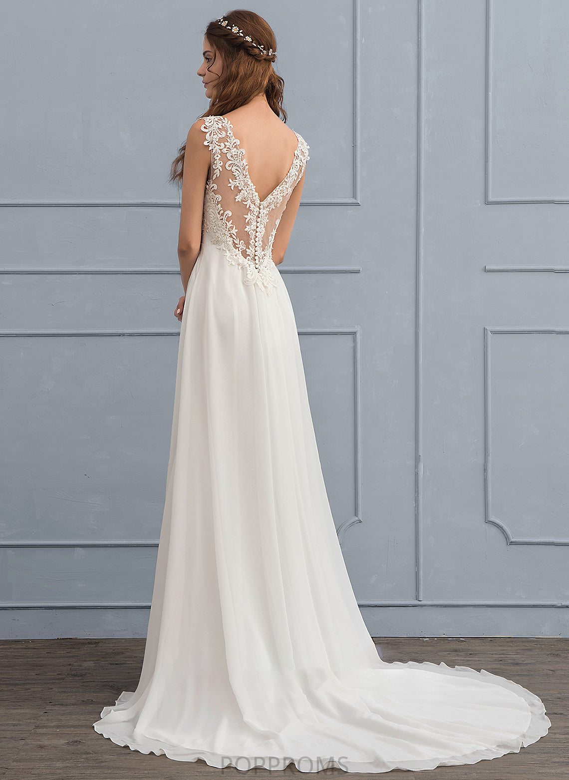 Wedding Train Beading Dress Sequins Chiffon V-neck A-Line Haylee Wedding Dresses With Court