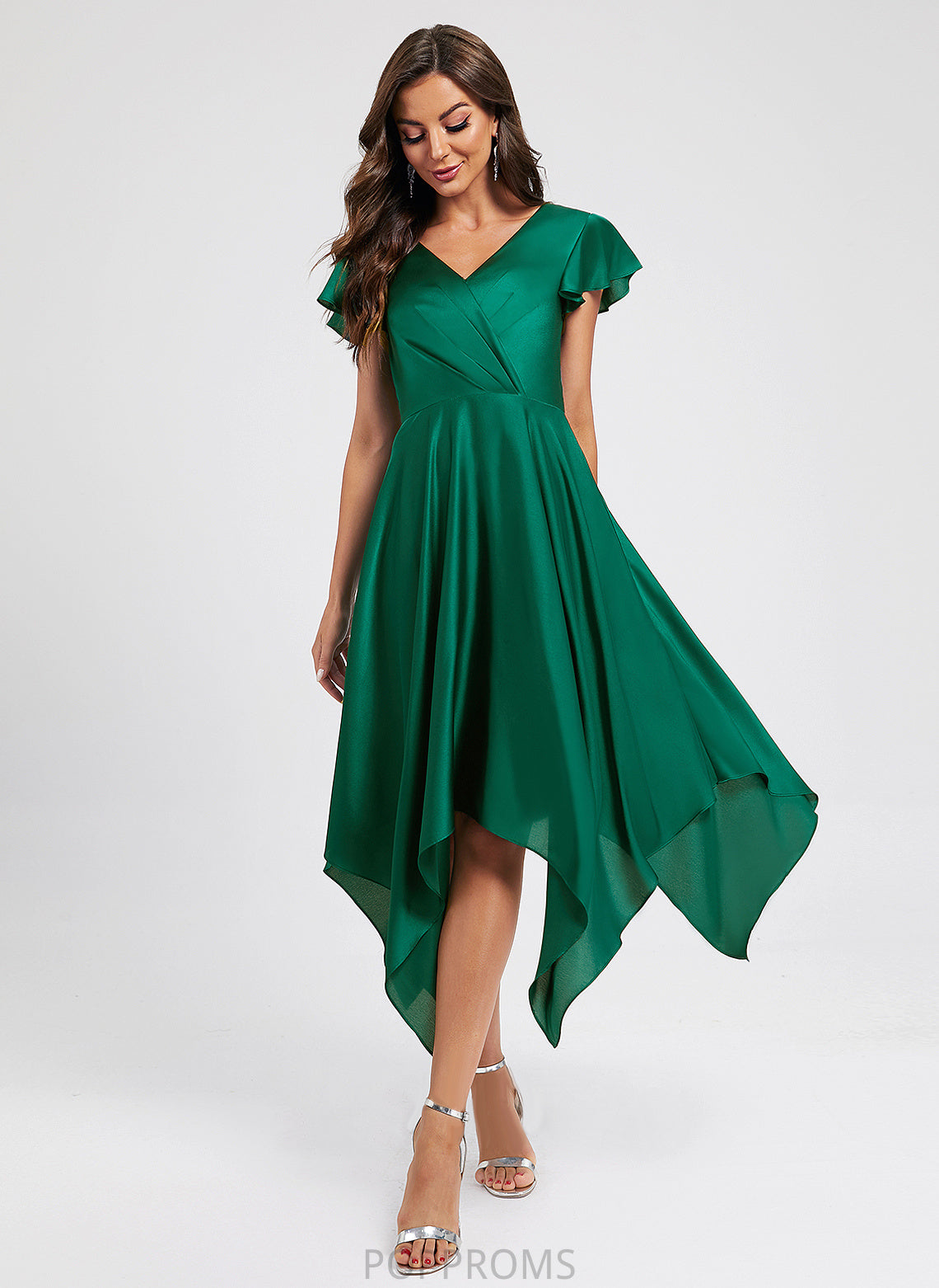 Dress Polyester Cocktail Dresses With Asymmetrical V-neck Piper Pleated Cocktail A-Line