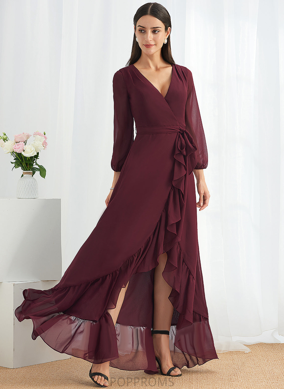 Christine Dress A-Line Front With Cocktail Cocktail Dresses Asymmetrical Split Chiffon Ruffle V-neck