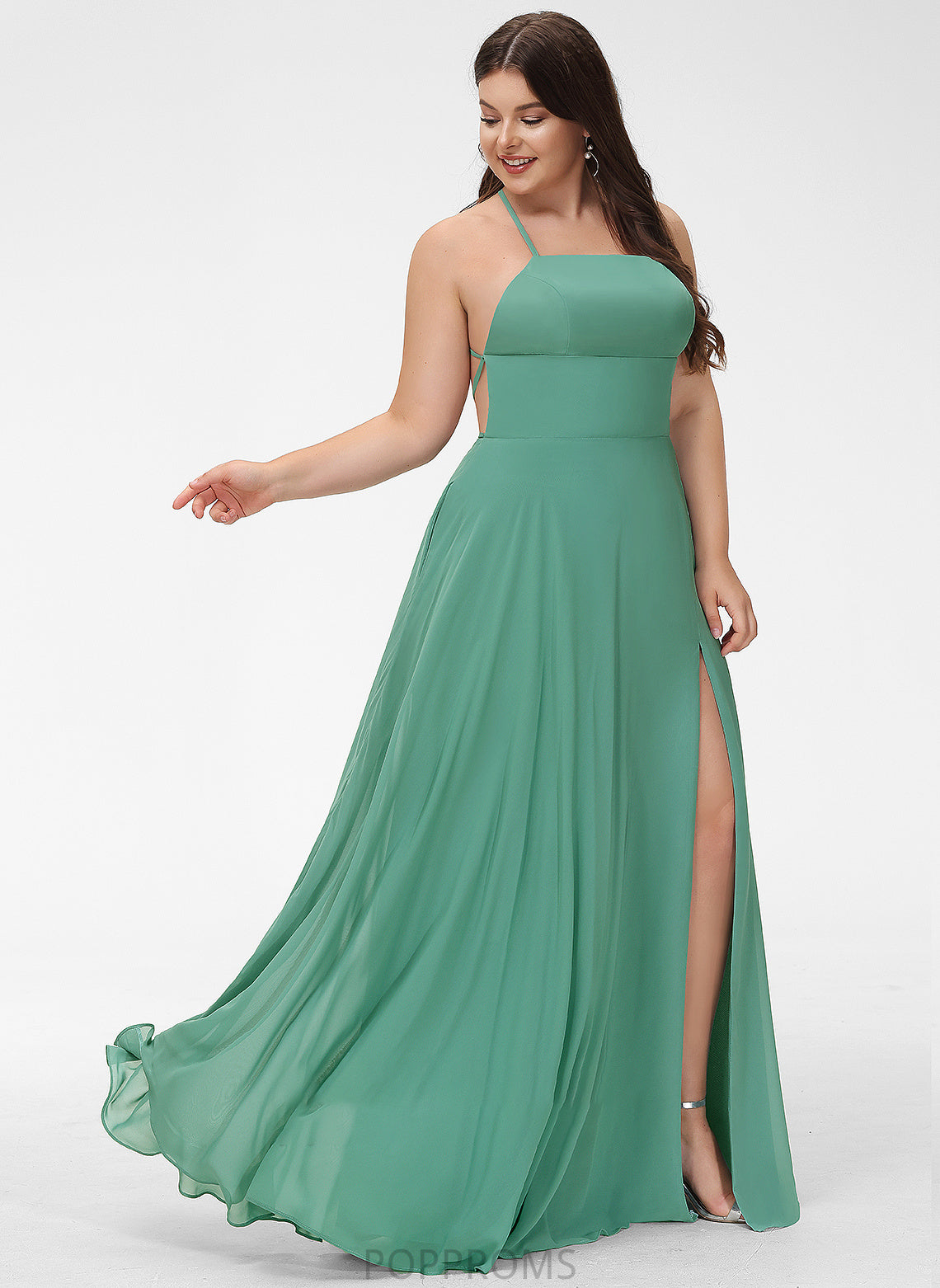 Floor-Length Front Prom Dresses Neckline Pockets Split Claire With Square A-Line Chiffon