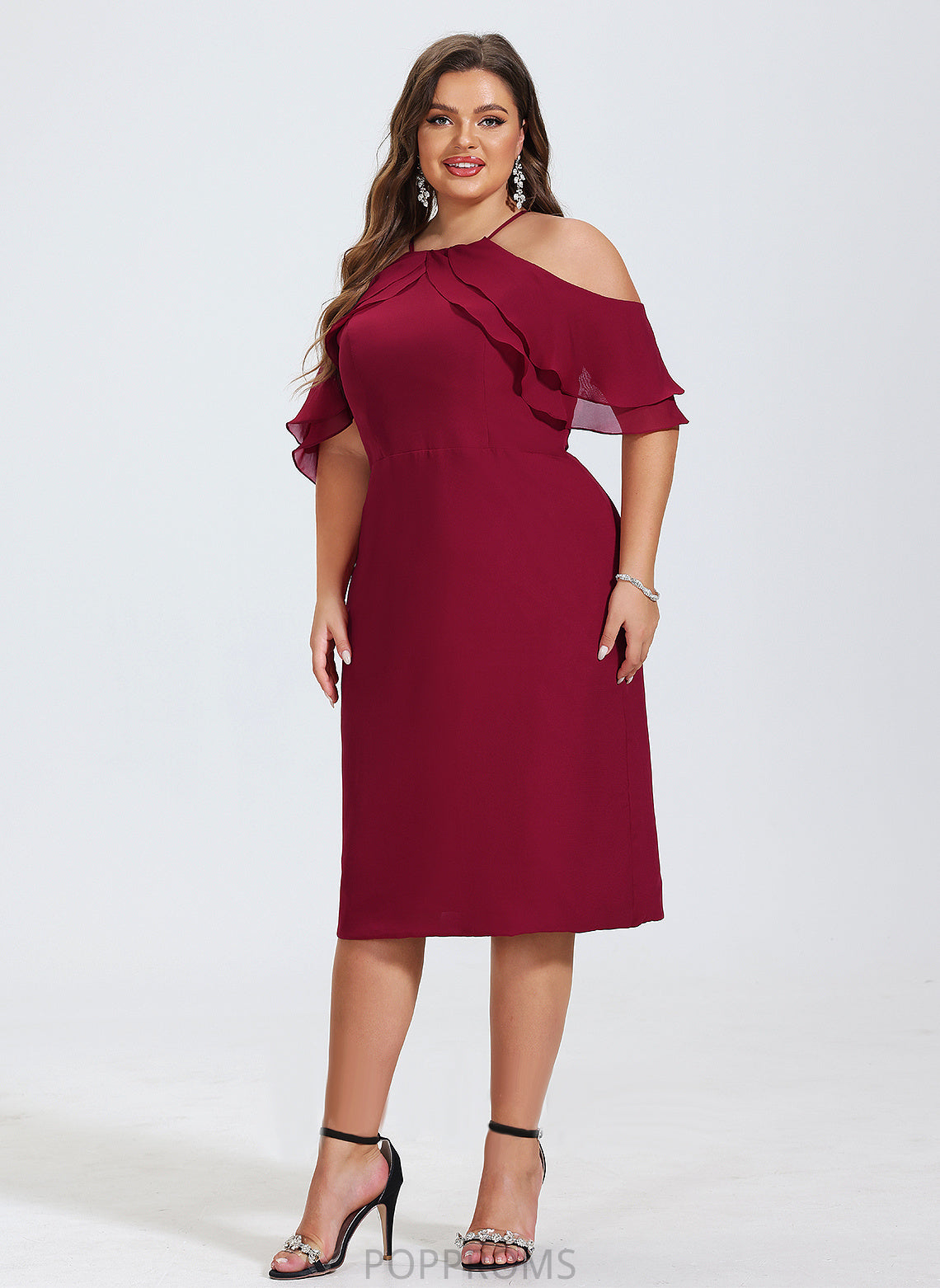 Dress Lilyana Sheath/Column Knee-Length Chiffon Ruffles Square Cocktail Cascading With Neckline Cocktail Dresses