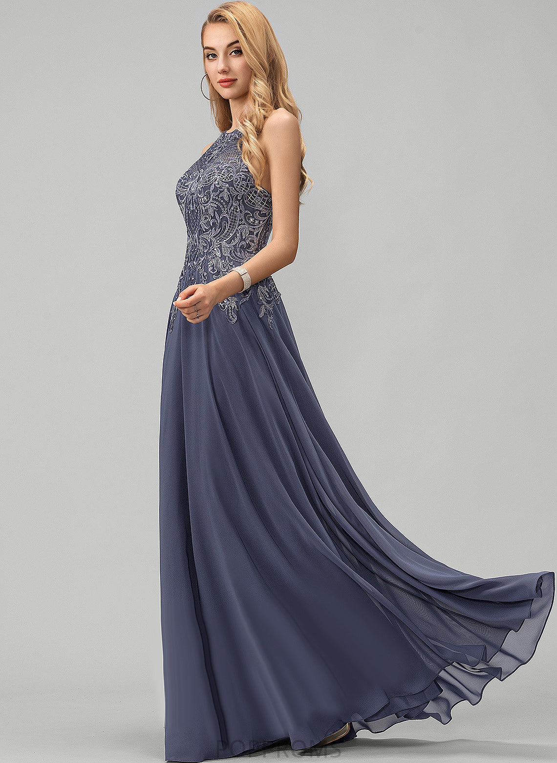 Prom Dresses A-Line With Sequins Chiffon Laney Scoop Lace Floor-Length