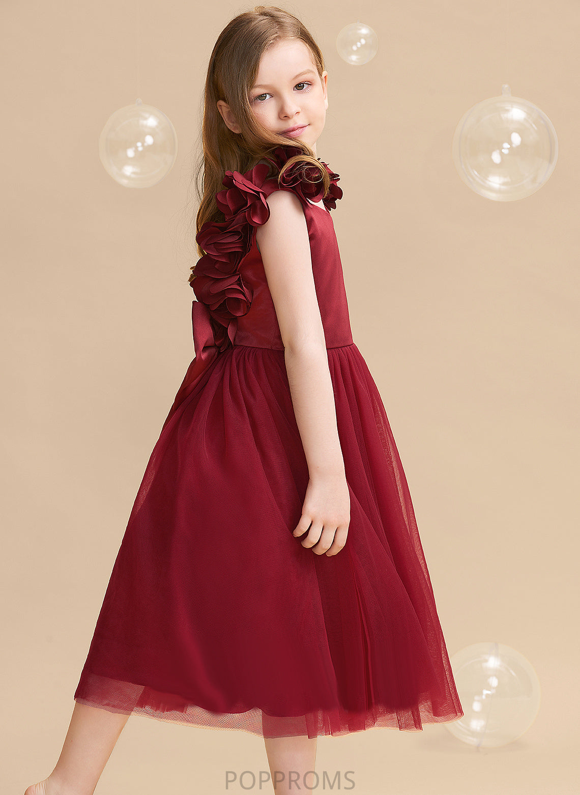 Dress Satin/Tulle Girl Flower - A-Line Flower Girl Dresses Tea-length Abril Flower(s)/Bow(s) Sleeveless With V-neck