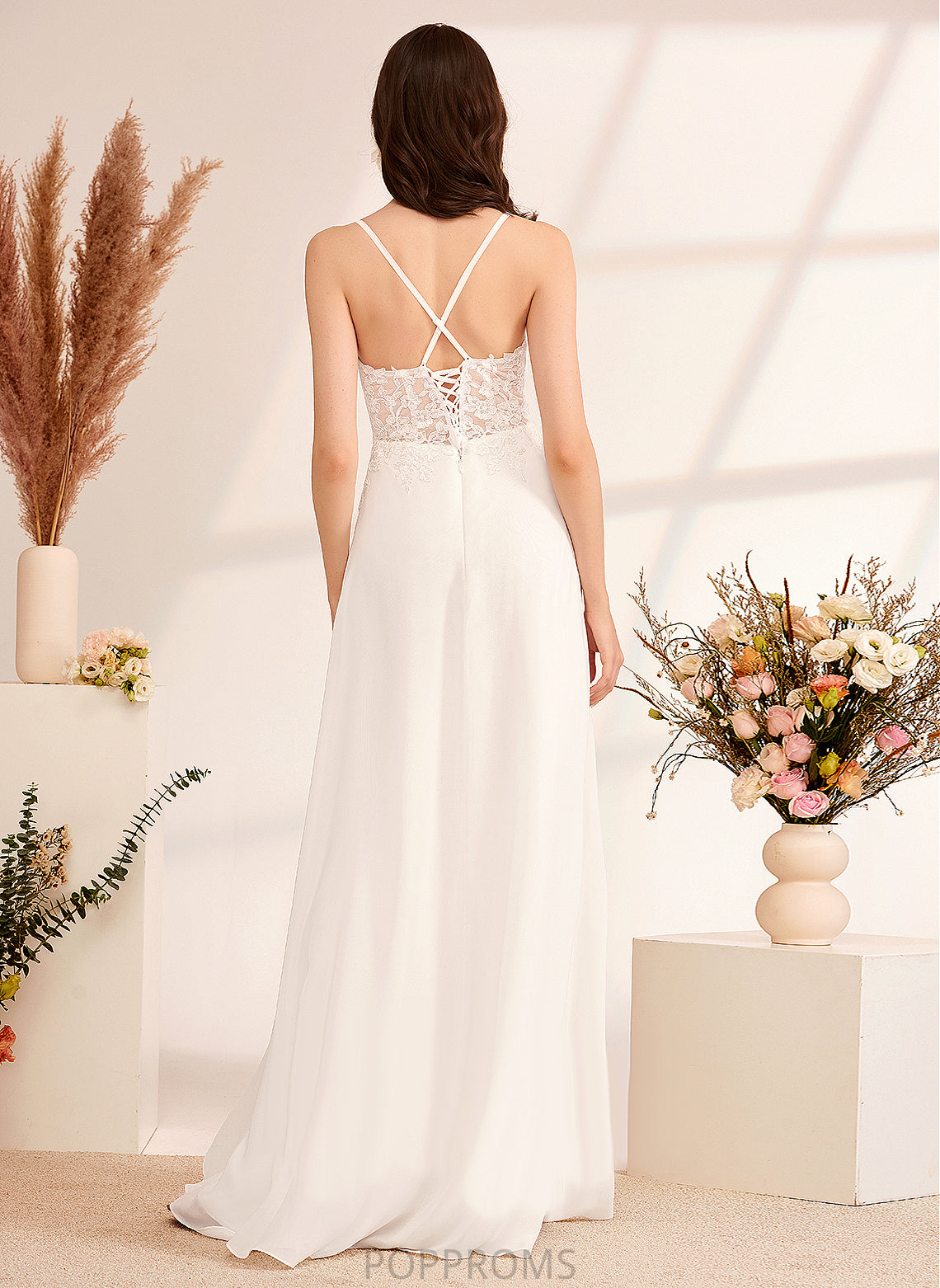 With Sequins Wedding Dress Lucinda Chiffon Lace A-Line Wedding Dresses Floor-Length V-neck