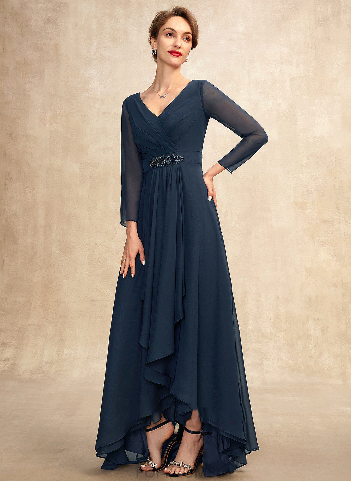 Ruffle Asymmetrical Chiffon the Mother of the Bride Dresses Dress Beading With Leah V-neck Bride of A-Line Mother Bow(s)