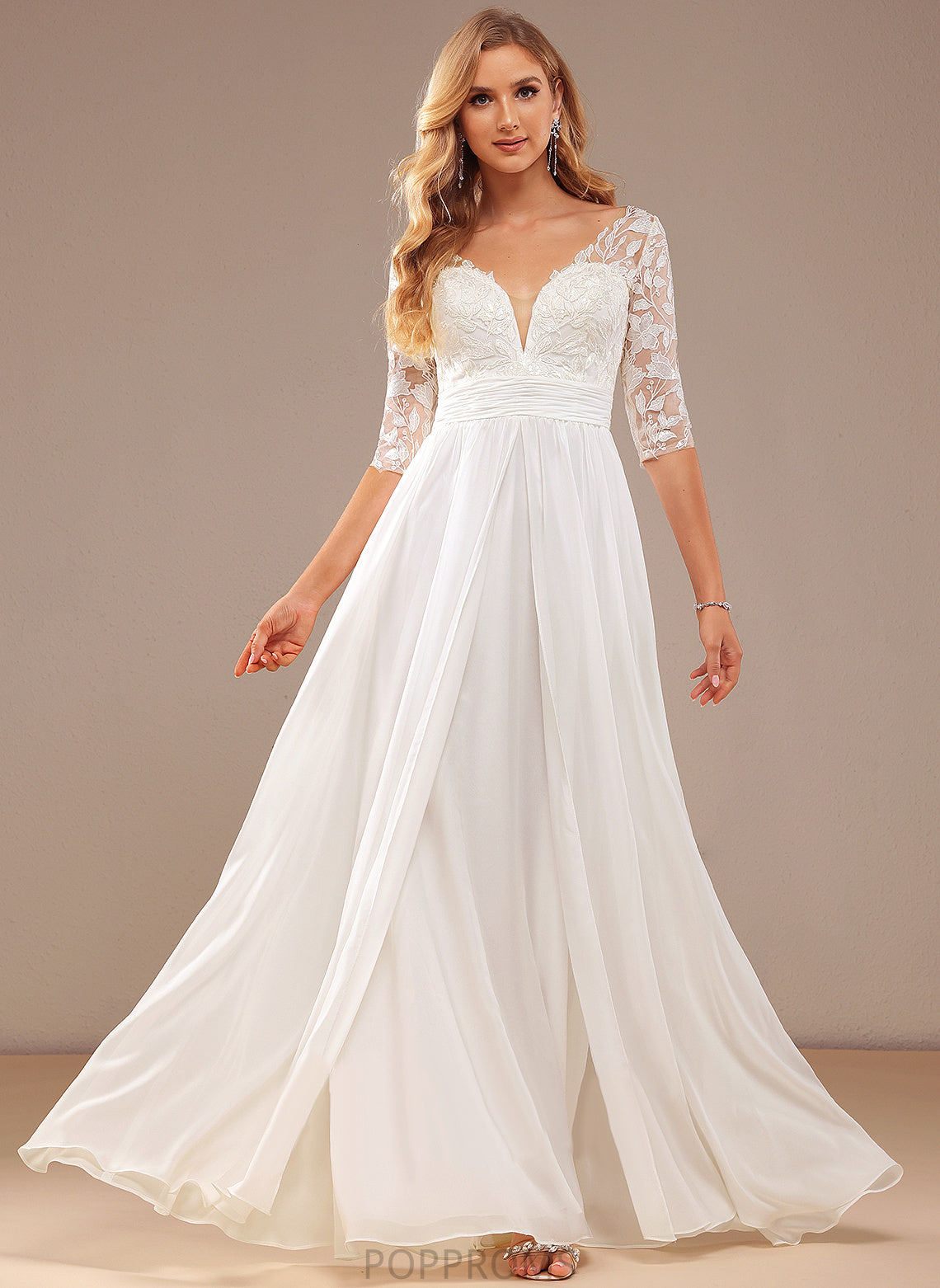 Ruffle Lace V-neck Maren Dress A-Line Floor-Length Wedding Dresses Wedding With Chiffon Sequins